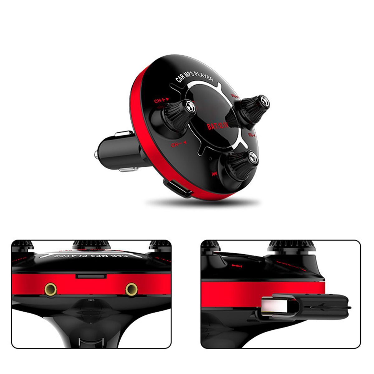 Auto-MP3-Player mit schwarzem und rotem Design. Es hat Knöpfe, ein Ladegerät und Audioeingangsanschlüsse.