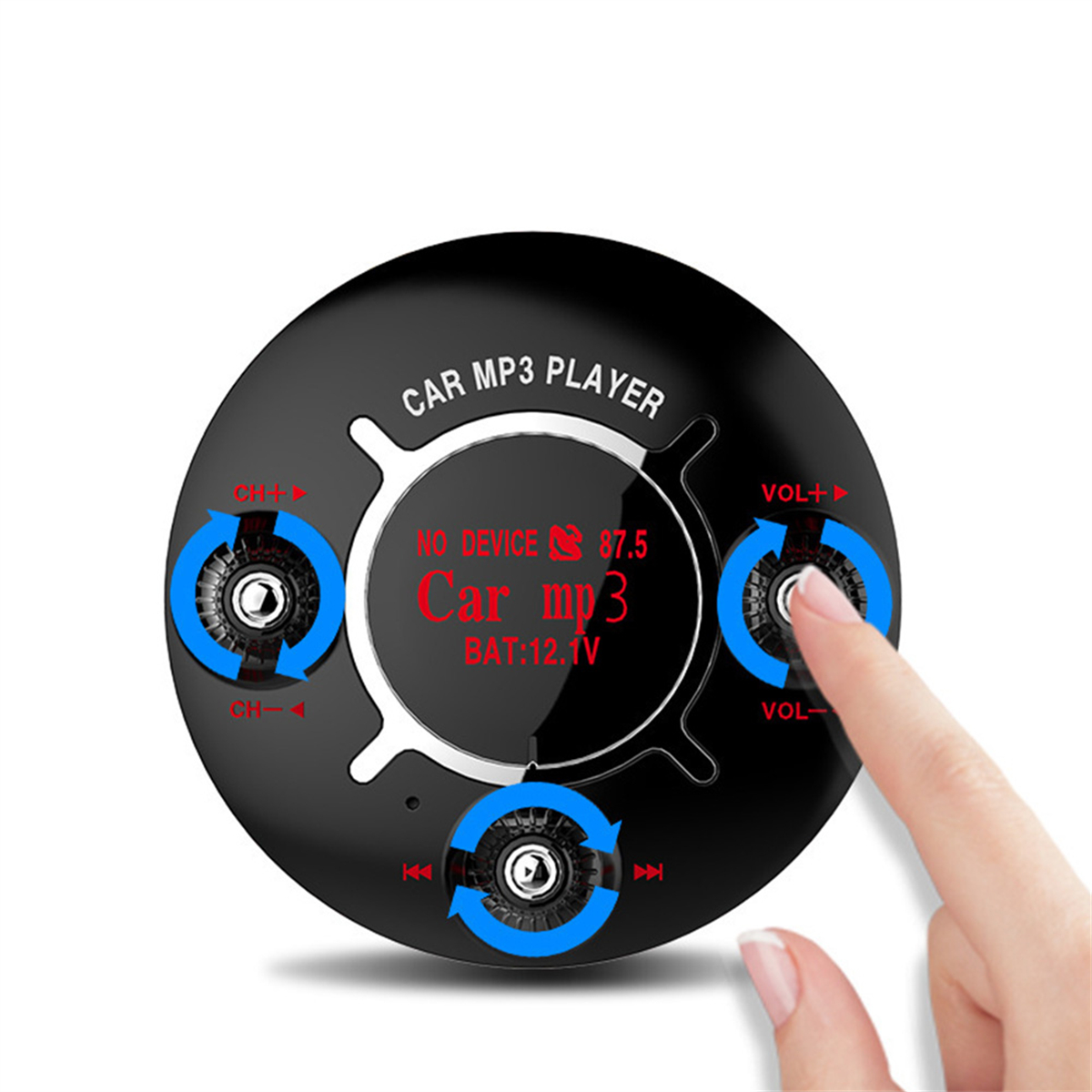 Schwarzer Auto-MP3-Player mit Bedienelementen. Hand berührt Lautstärkeregler. Text sagt 'Car MP3 Player'.