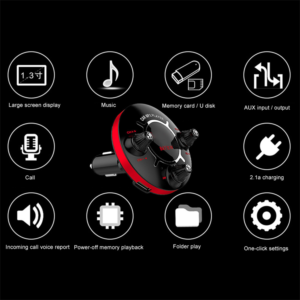 Ein schwarzer MP3-Player für Autos mit Tasten, Symbolen und einem roten Ring. Zeigt verschiedene Funktionen.