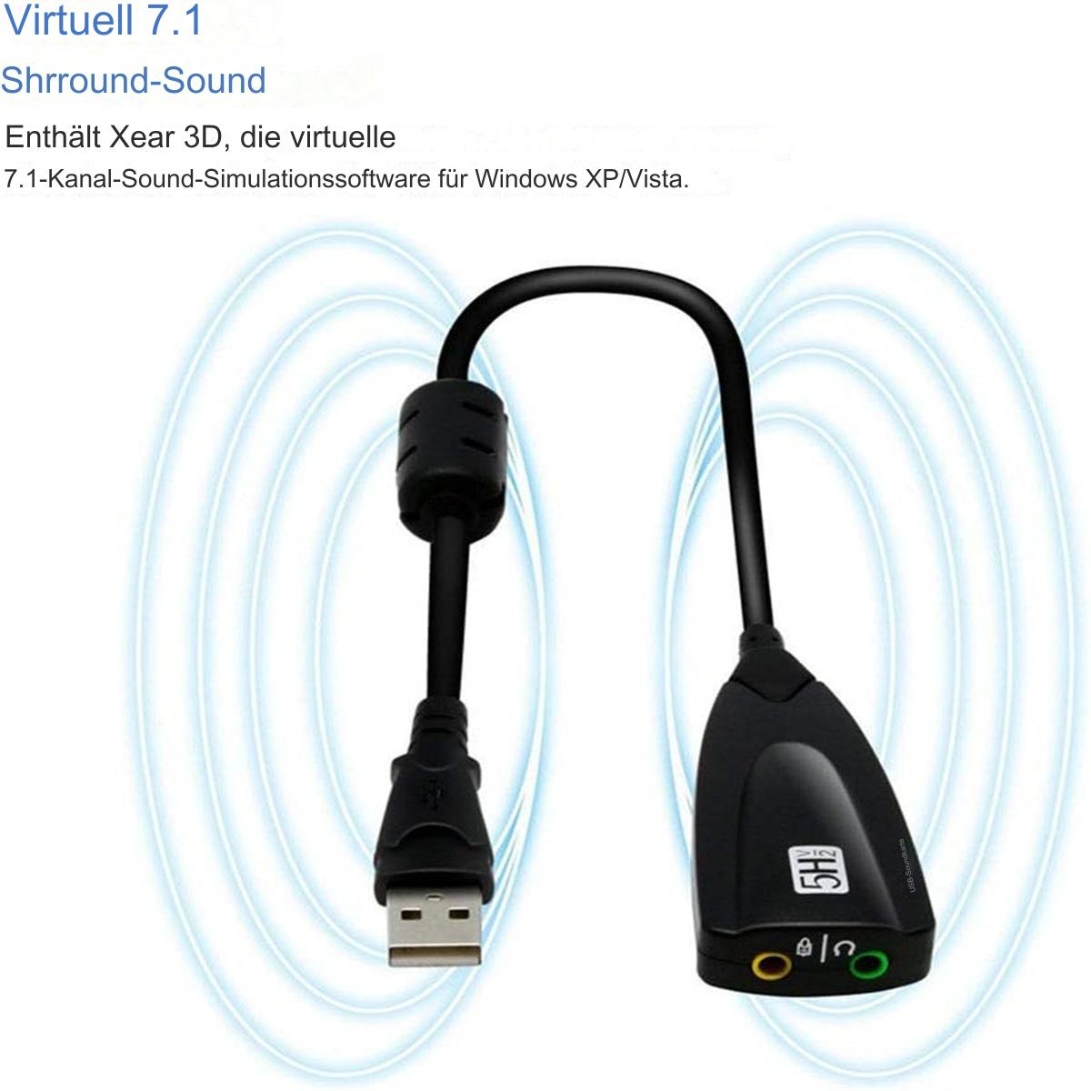 Ein schwarzer USB-Audioadapter mit USB-Anschluss und 3,5-mm-Audioanschluss, mit Schallwellen.