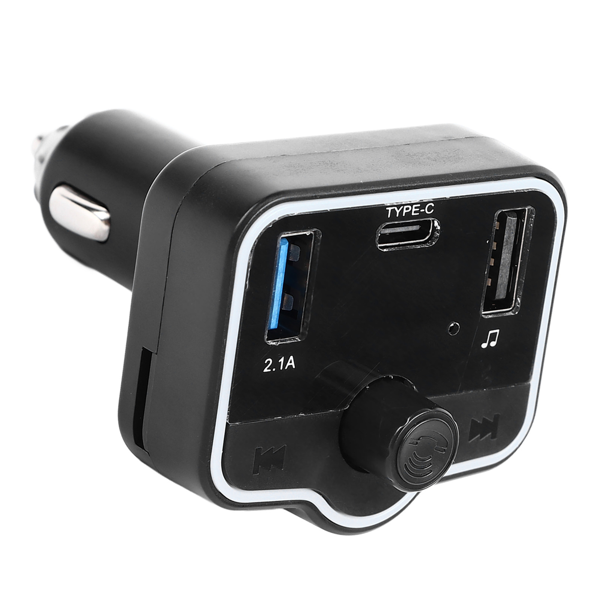 Schwarzes Autoladegerät mit USB-Anschlüssen und einem Typ-C-Anschluss.