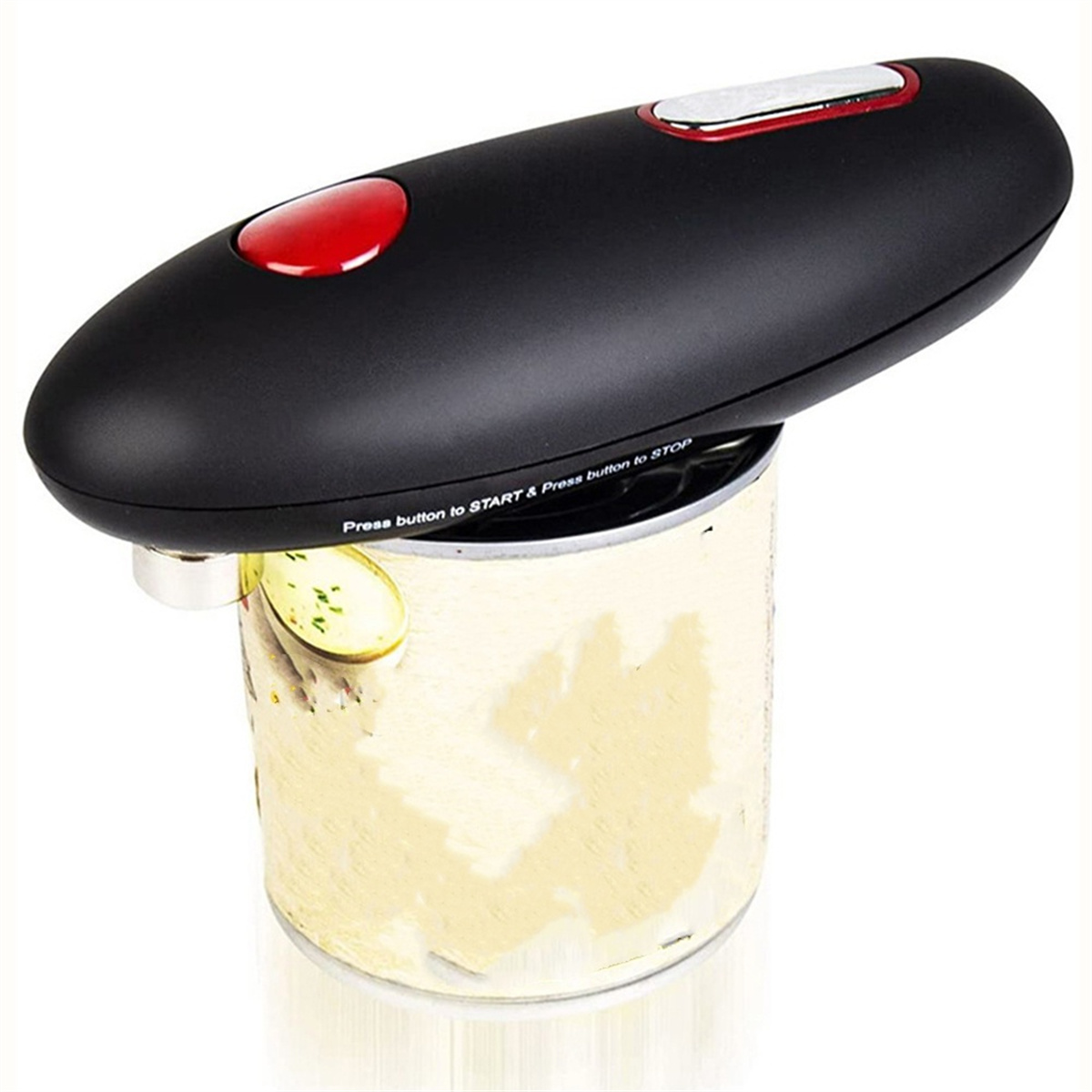 Schwarzer Dosenöffner auf einer Dose mit rotem Knopf oben. Weißer Hintergrund.