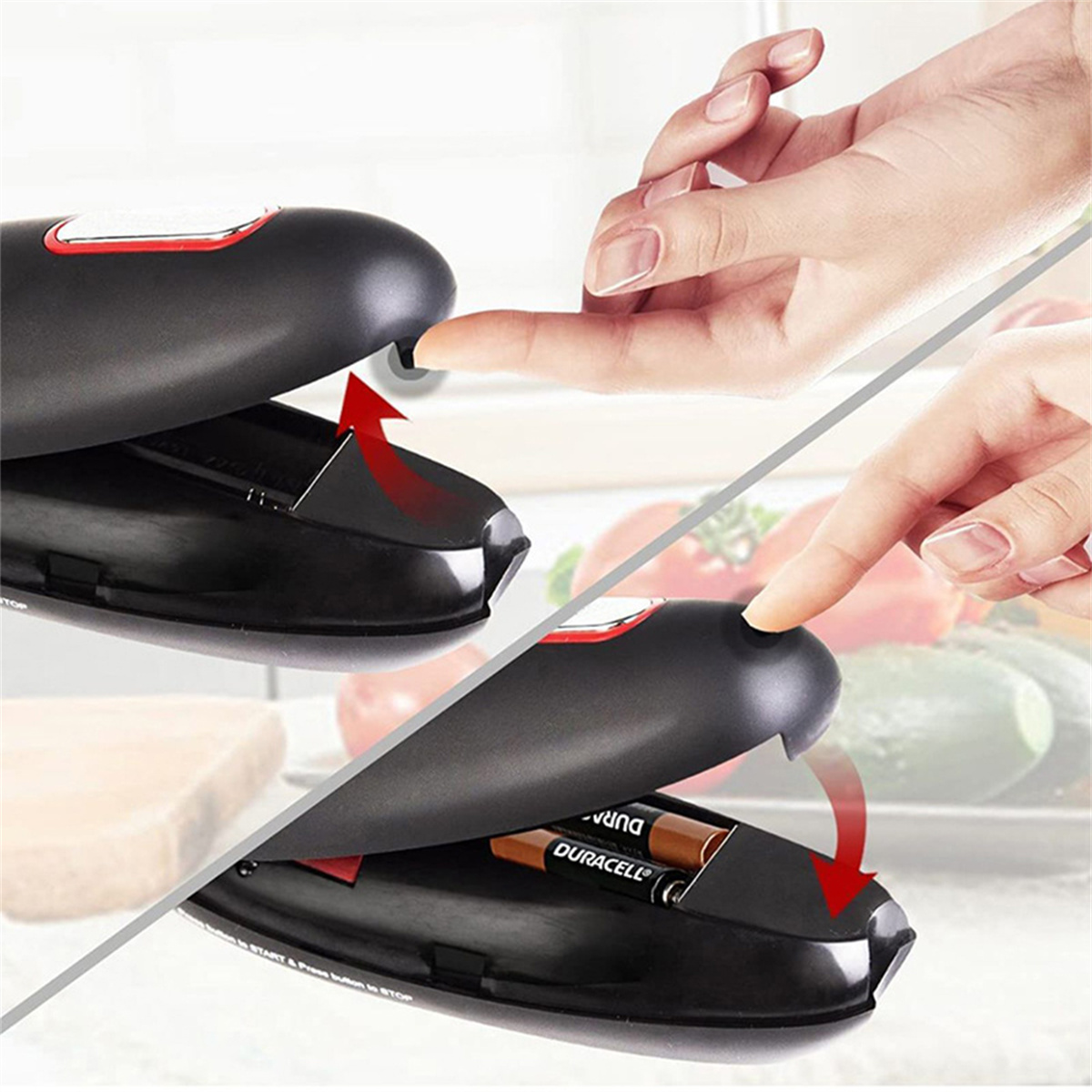 Eine Hand drückt eine Taste auf einem schwarzen elektrischen Dosenöffner und zeigt Batterien.