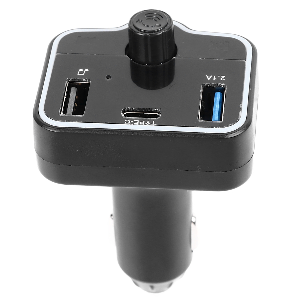Schwarzes Gerät mit USB-Anschlüssen und einem 2,1A-Anschluss.