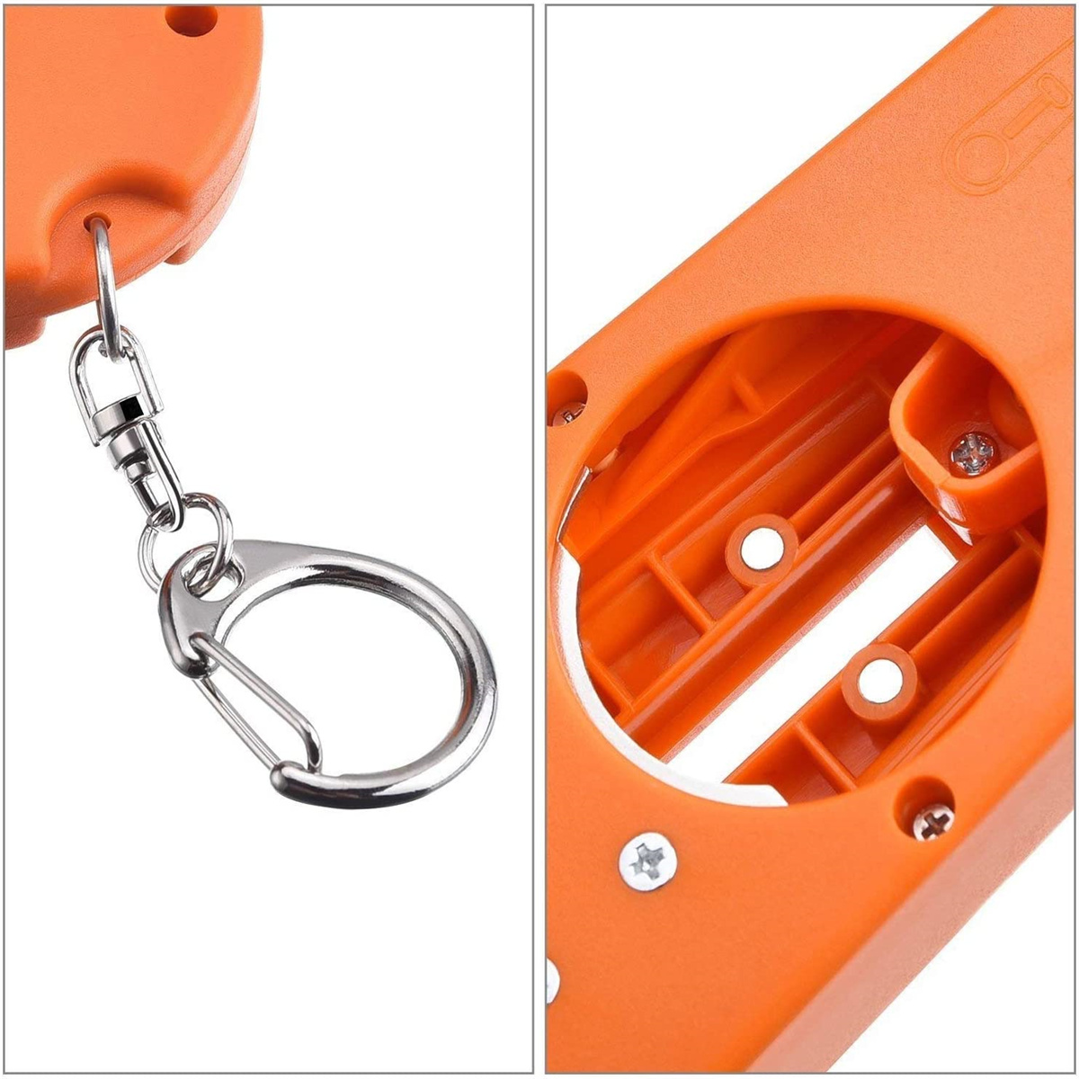 Zwei Bilder. Eines zeigt einen Schlüsselanhänger und einen Ring. Das andere zeigt die Innenseite von orangefarbenem Kunststoff.