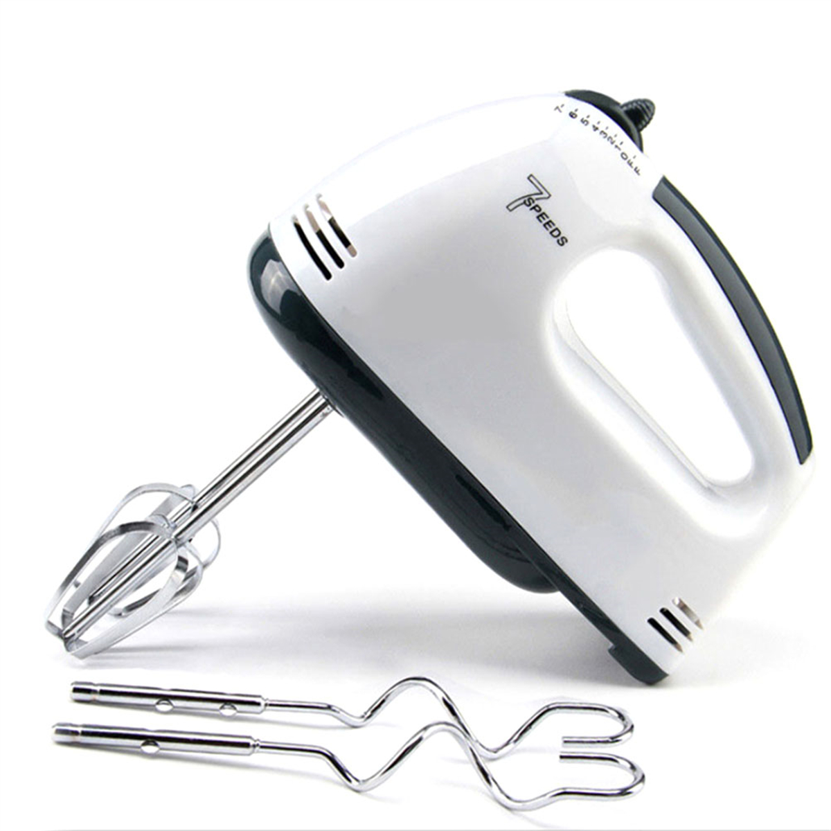 Weißer und schwarzer elektrischer Handmixer mit 7 Geschwindigkeitseinstellungen.