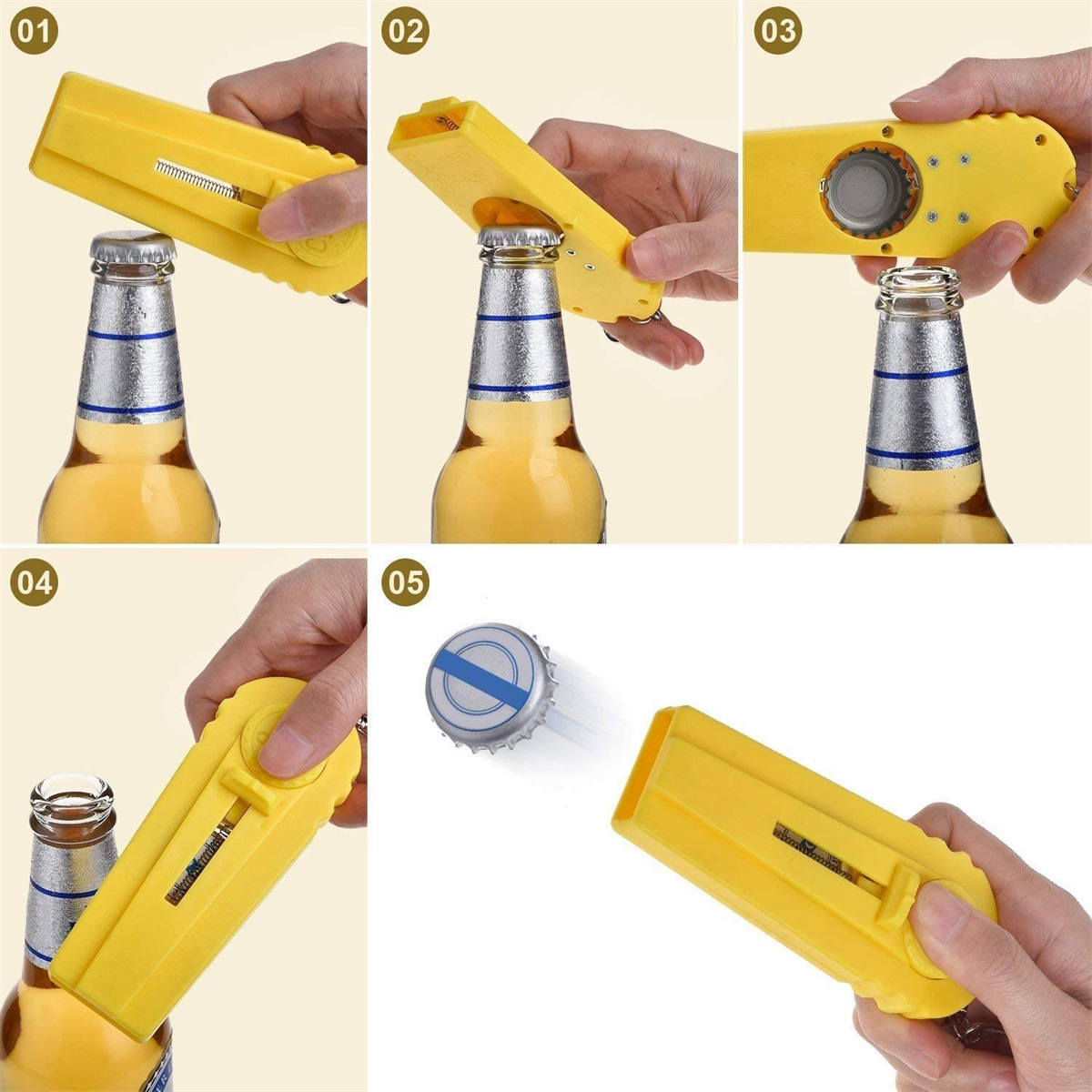 Bildsequenz, die einen gelben Flaschenöffner im Gebrauch zeigt, der eine Bierflasche öffnet.