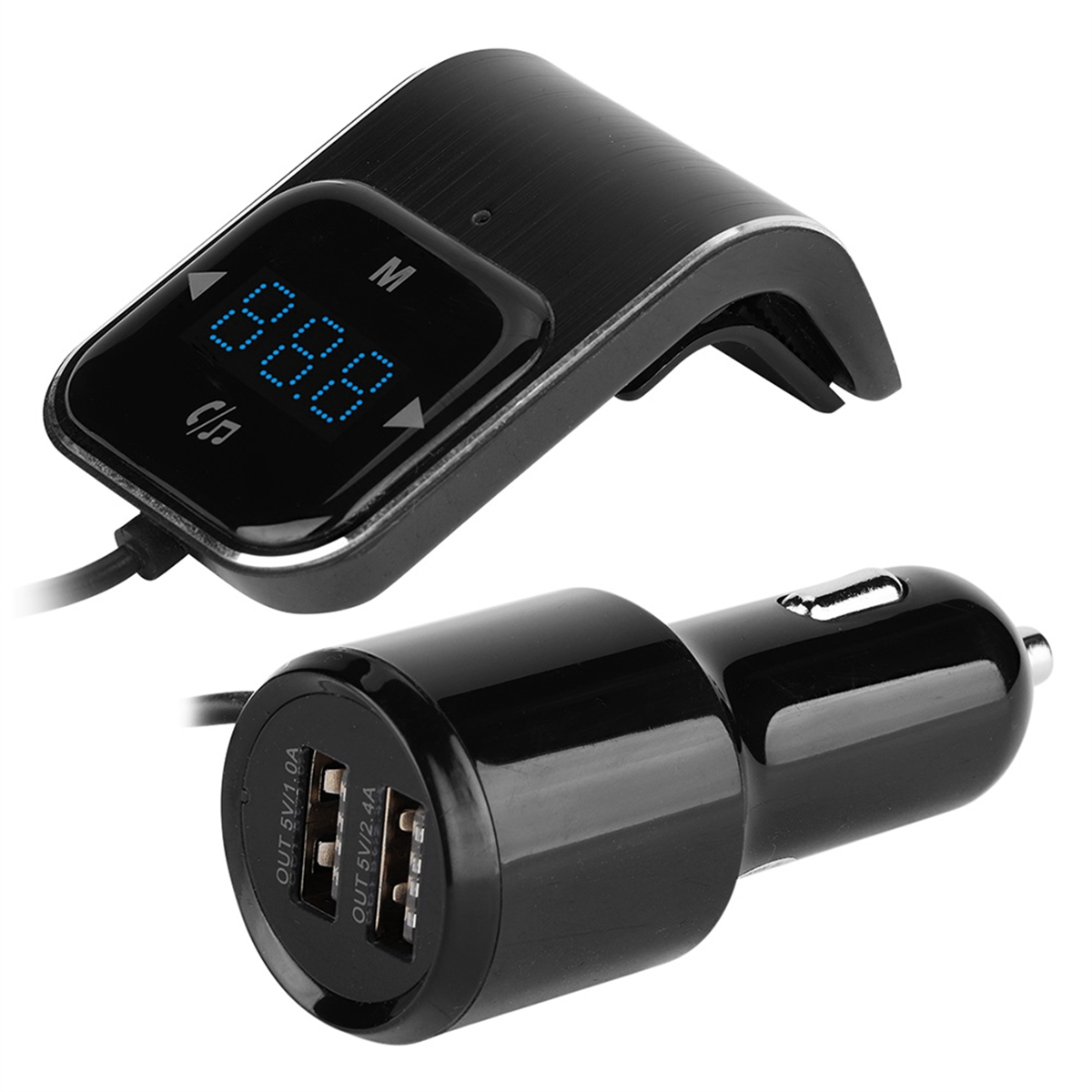 Ein schwarzes Autoladegerät mit USB-Anschlüssen und einem Display mit Zahlen.