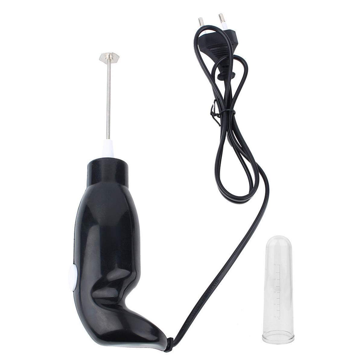 Schwarzer Milchaufschäumer mit langem Kabel und einem Messbecher.