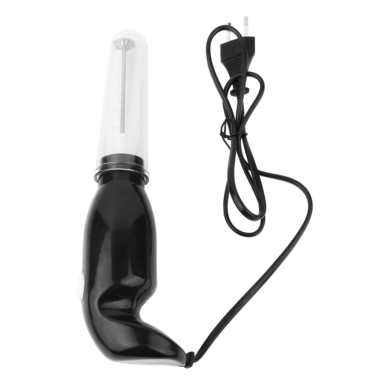 Ein schwarzer Stabmixer mit einem transparenten Behälter, der Markierungen aufweist, und einem schwarzen Netzkabel.