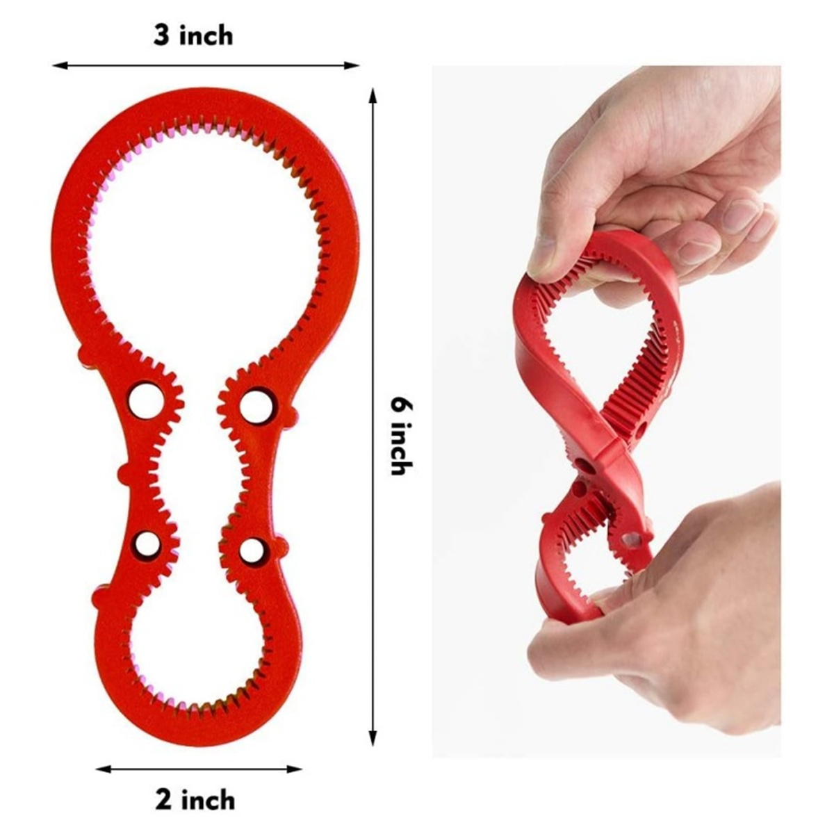Roter Flaschenöffner mit Maßen; einer offen und einer geschlossen.