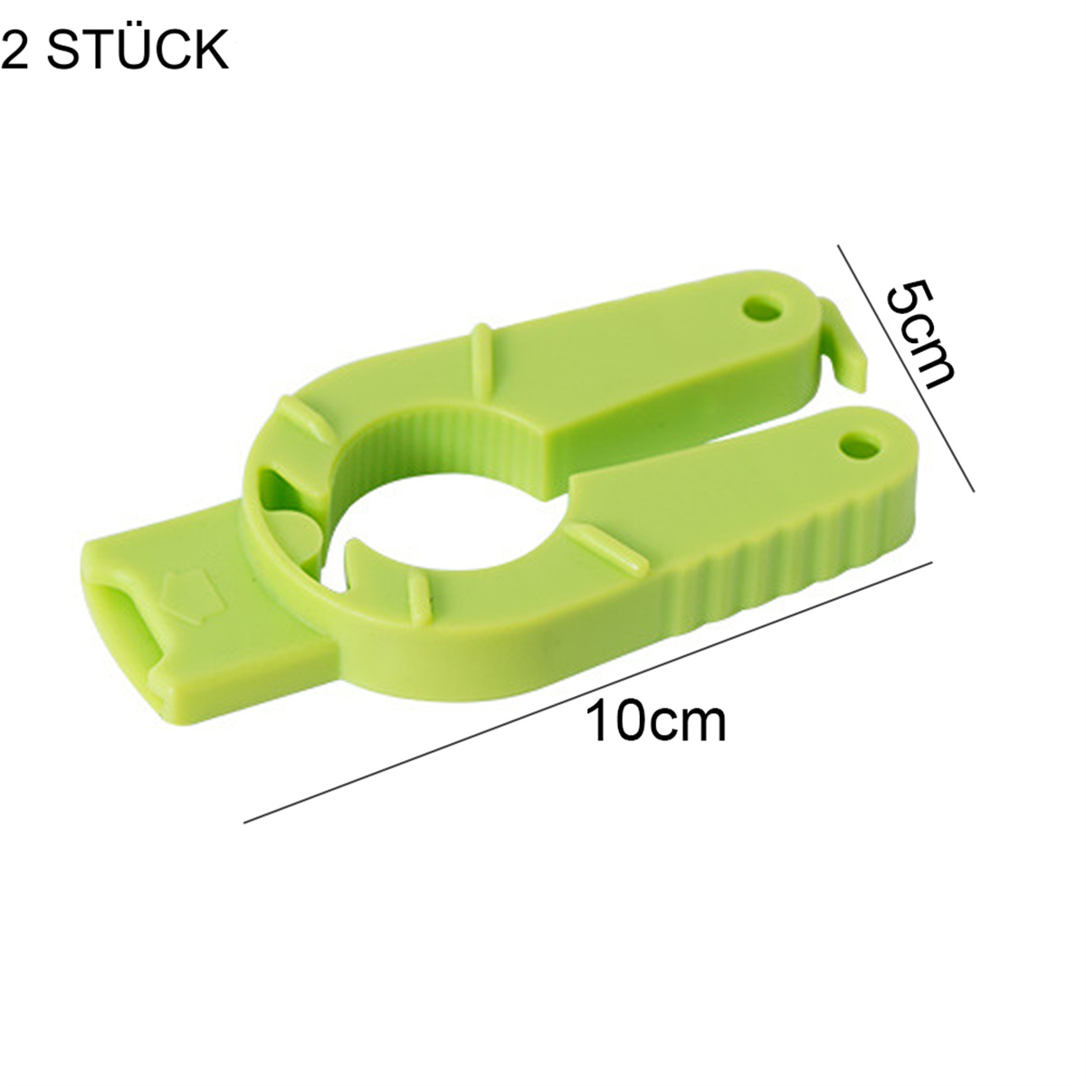 Grüner Plastikflaschenöffner mit Abmessungen, der ein geschlitztes Design zum einfachen Öffnen zeigt.