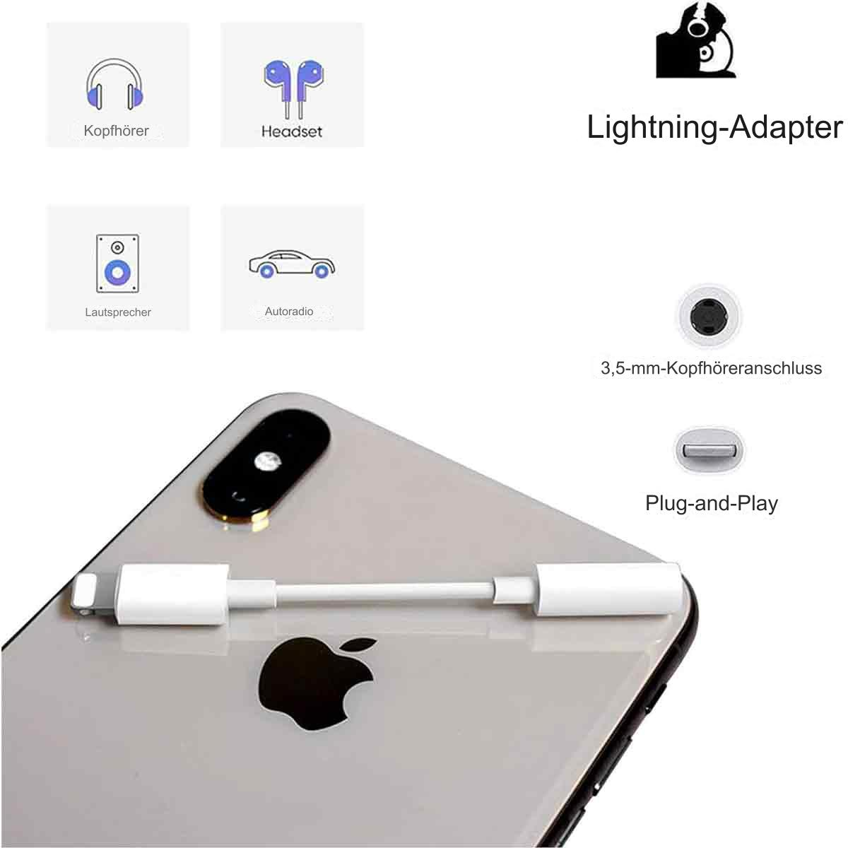 Weißer Lightning-Adapter, verbunden mit einem Telefon, mit Kopfhörern und Lautsprechern.