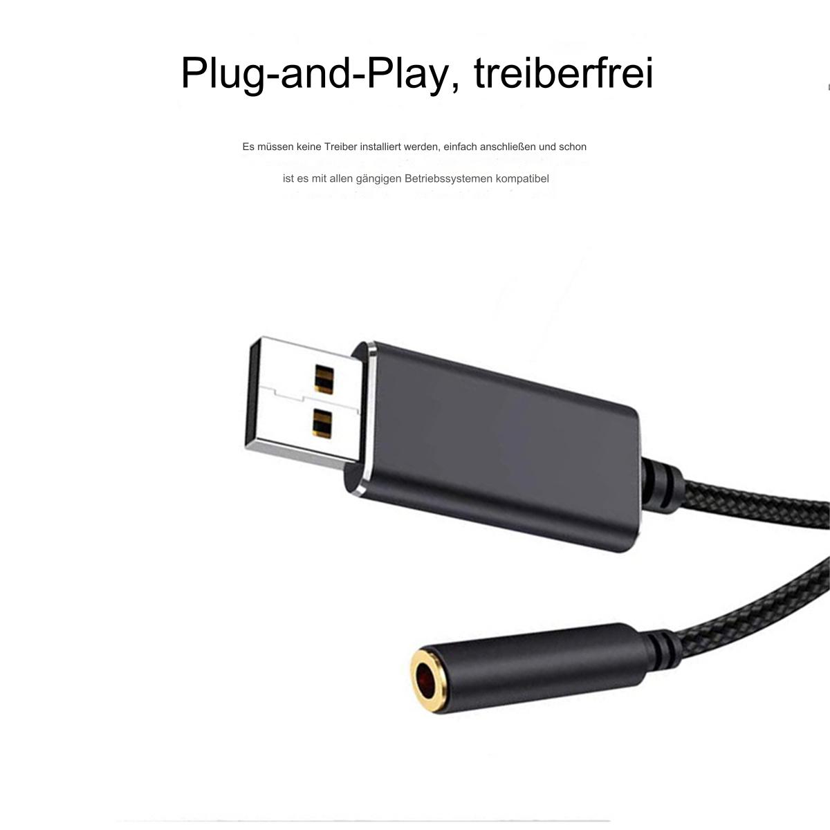Schwarzes USB-zu-Aux-Kabel mit USB und 3,5-mm-Buchse. Weißer Hintergrund und Text.
