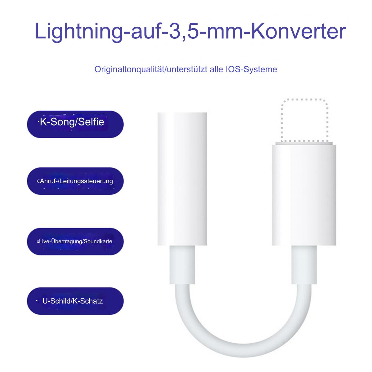 Weißer Lightning-auf-3,5-mm-Adapter. Hat ein kurzes Kabel und Textetiketten.