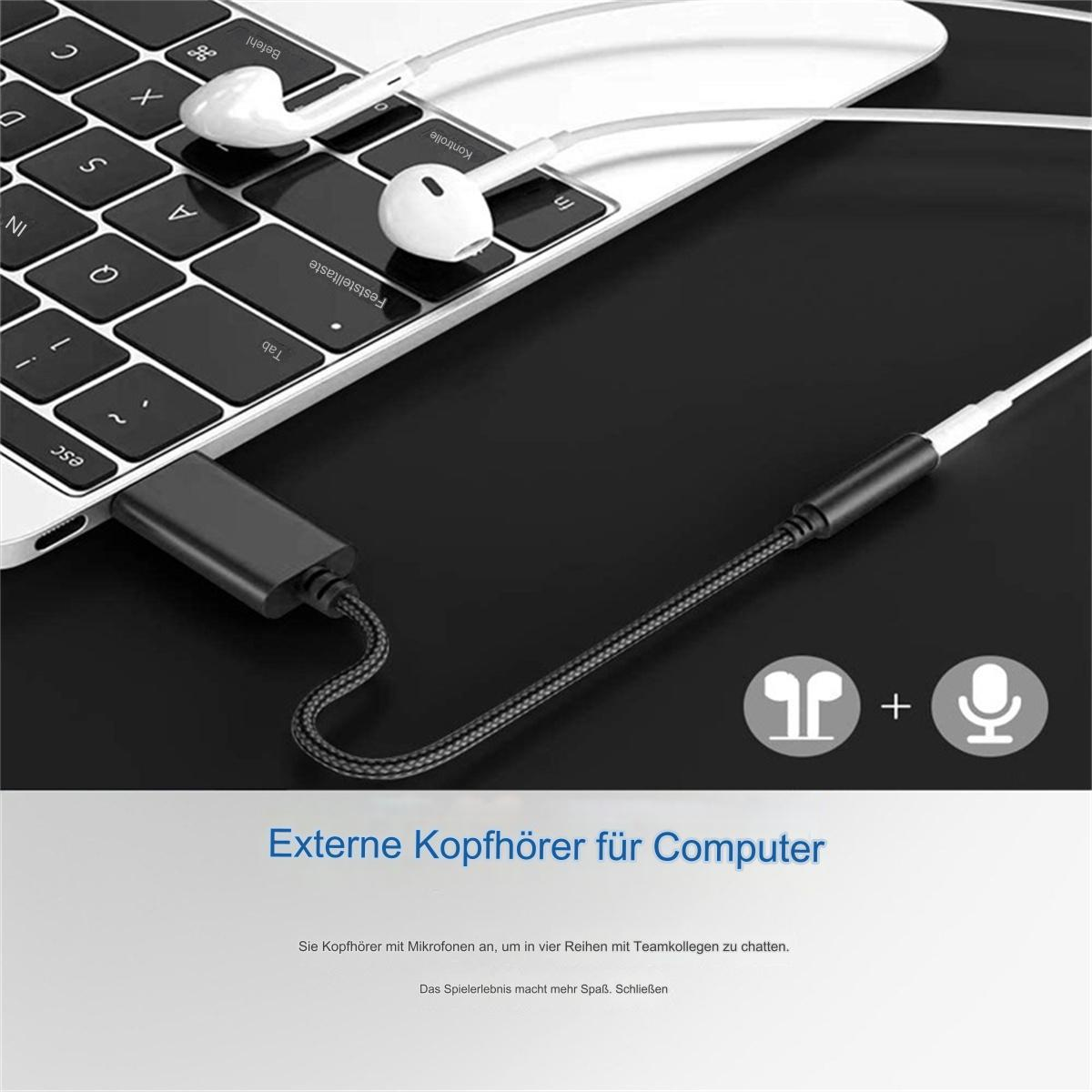 Kopfhörer sind an einen Laptop angeschlossen. Ein schwarzer Adapter verbindet sie. Text auf Deutsch.