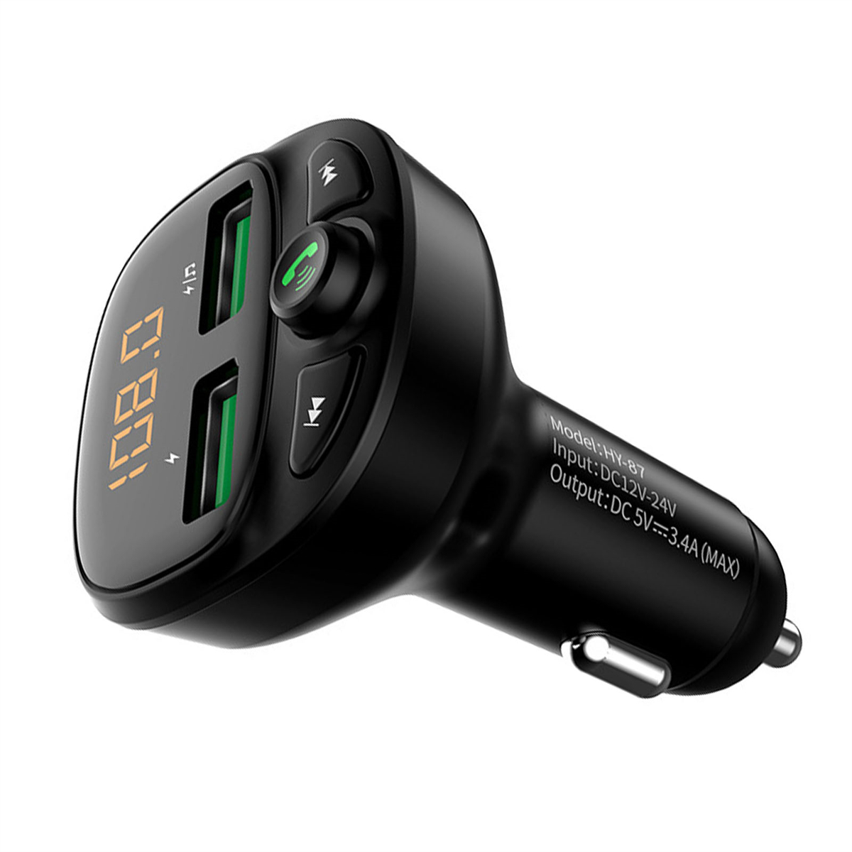 Schwarzes Autoladegerät mit USB-Anschlüssen und einer Anzeige mit Zahlen. Weißer Hintergrund.