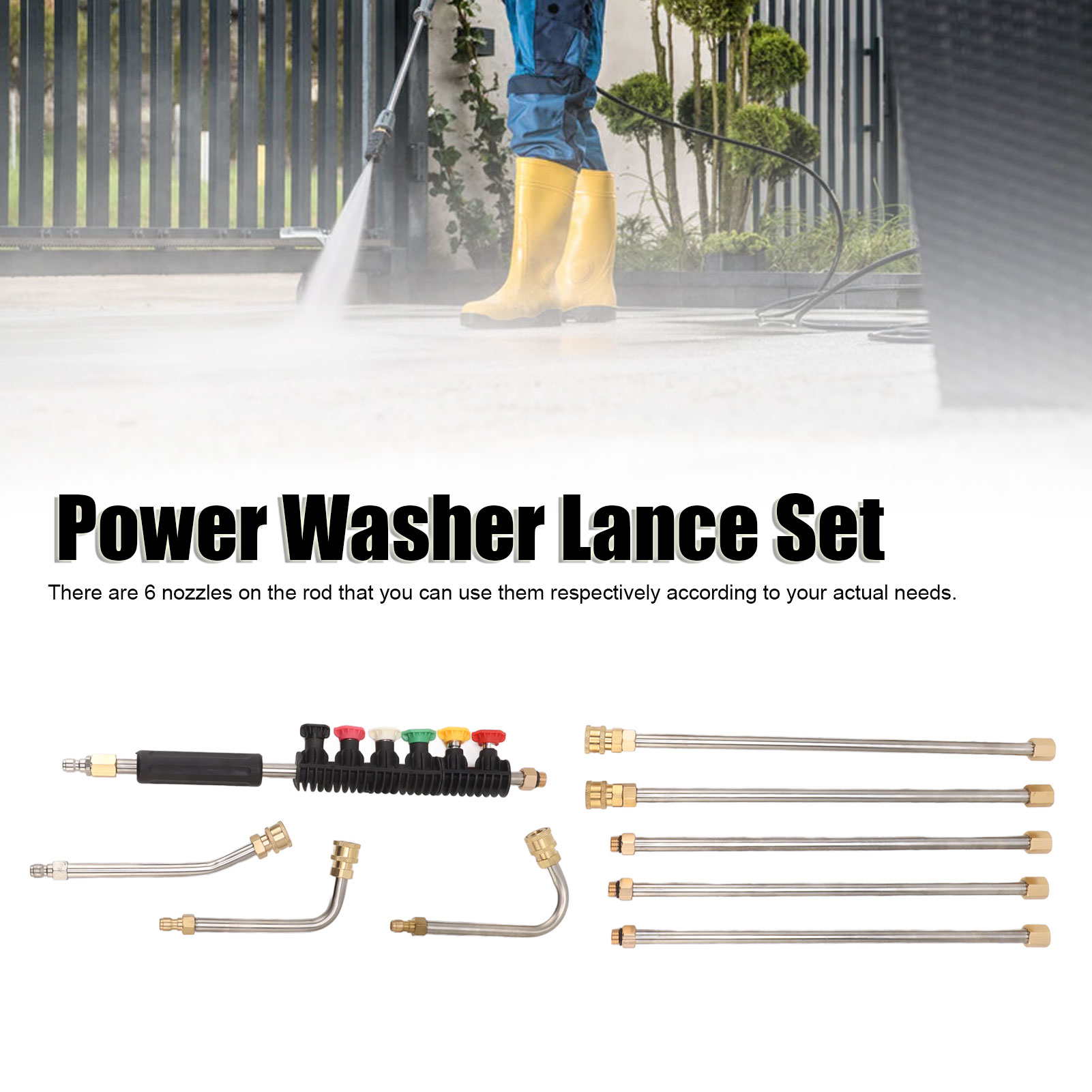 Ein Satz Hochdruckreiniger-Lanzendüsen und -Verlängerungen. Text: 'Power Washer Lance Set'.