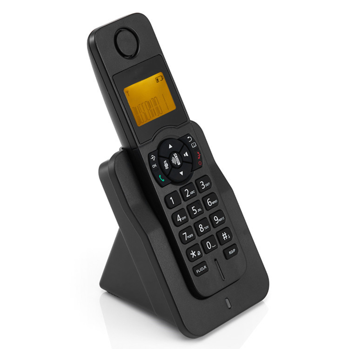 Schwarzes schnurloses Telefon auf einer Ladestation. Telefon hat einen Bildschirm und eine Tastatur.