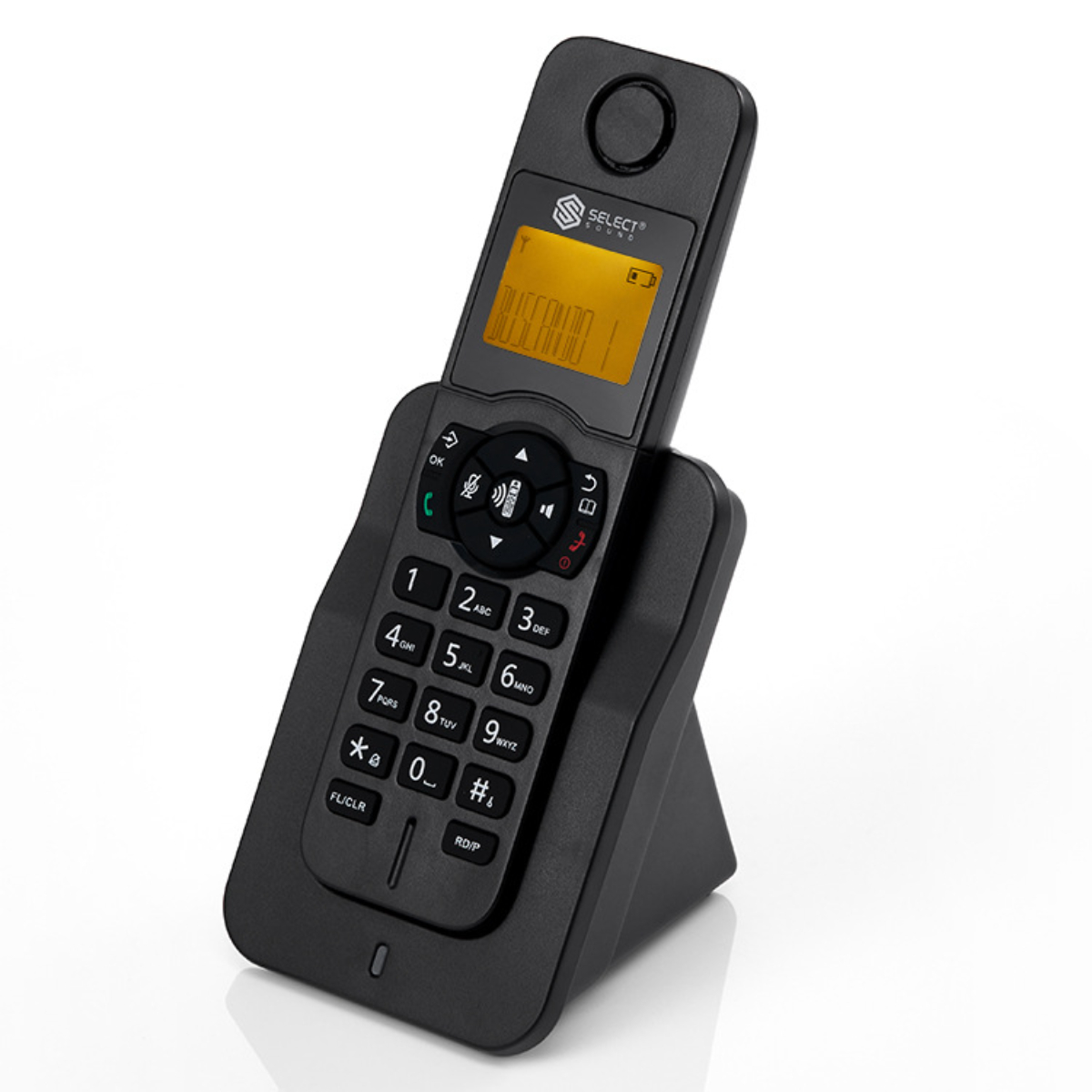 Schwarzes schnurloses Telefon auf Basis, Bildschirm an. Weißer Hintergrund.