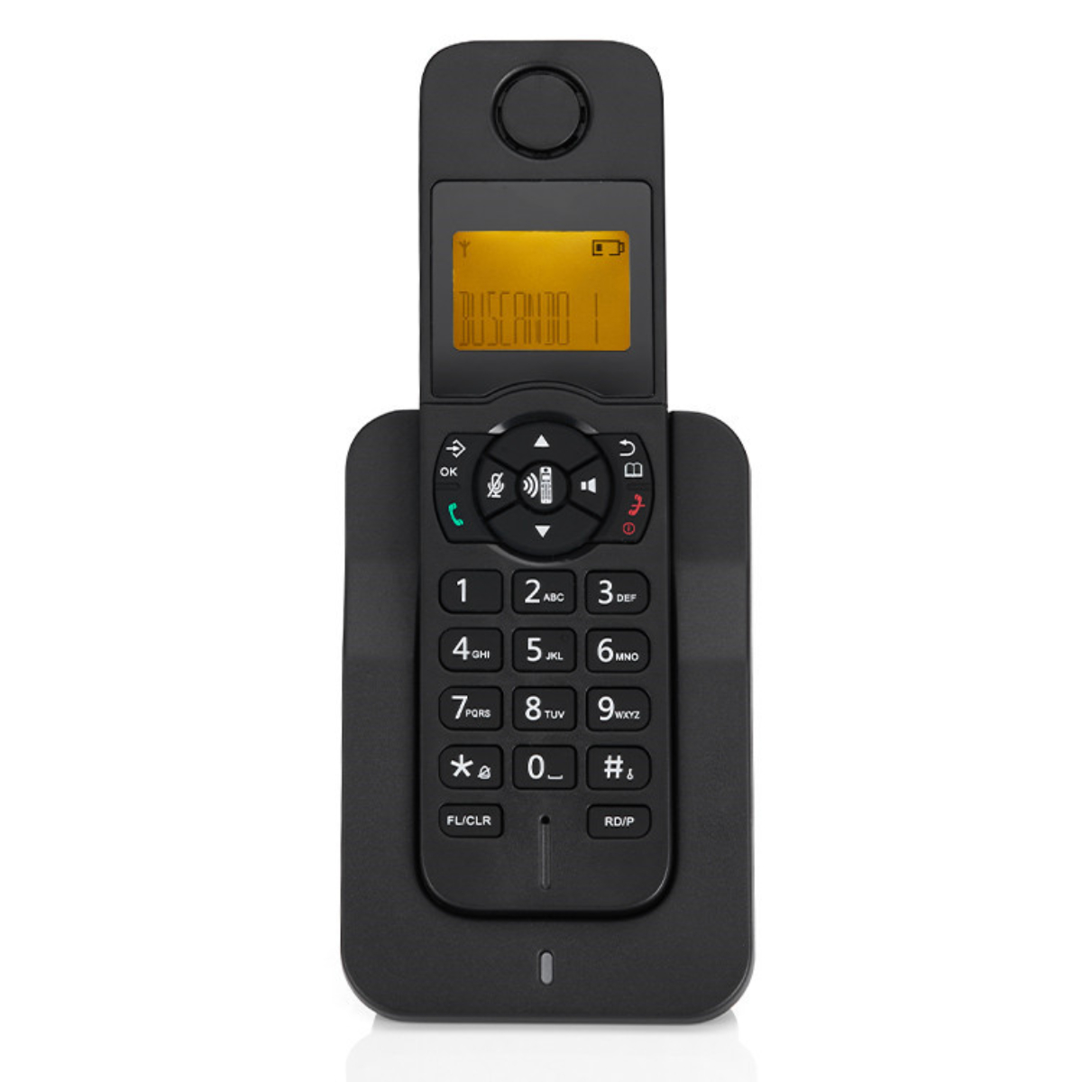 Schwarzes schnurloses Telefon auf Ladestation mit Textanzeige.
