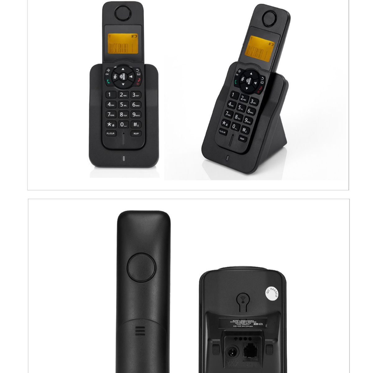 Zwei Bilder eines schwarzen schnurlosen Telefons mit Bildschirm und Tasten an der Basis und am Hörer.