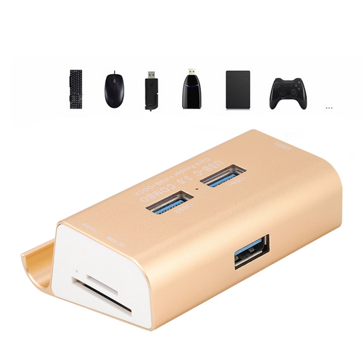 Ein USB-C 3.0 Combo-Adapter mit mehreren Anschlüssen, einschließlich USB und Kartenleser, goldfarben.
