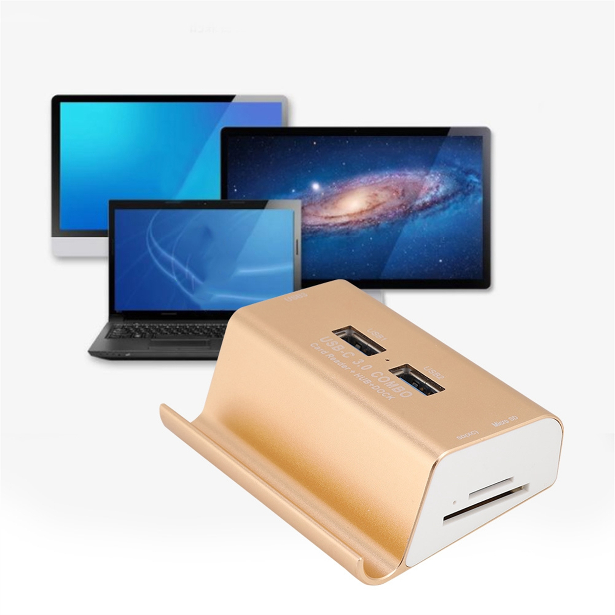 Goldfarbener USB-Hub mit drei Bildschirmen im Hintergrund.
