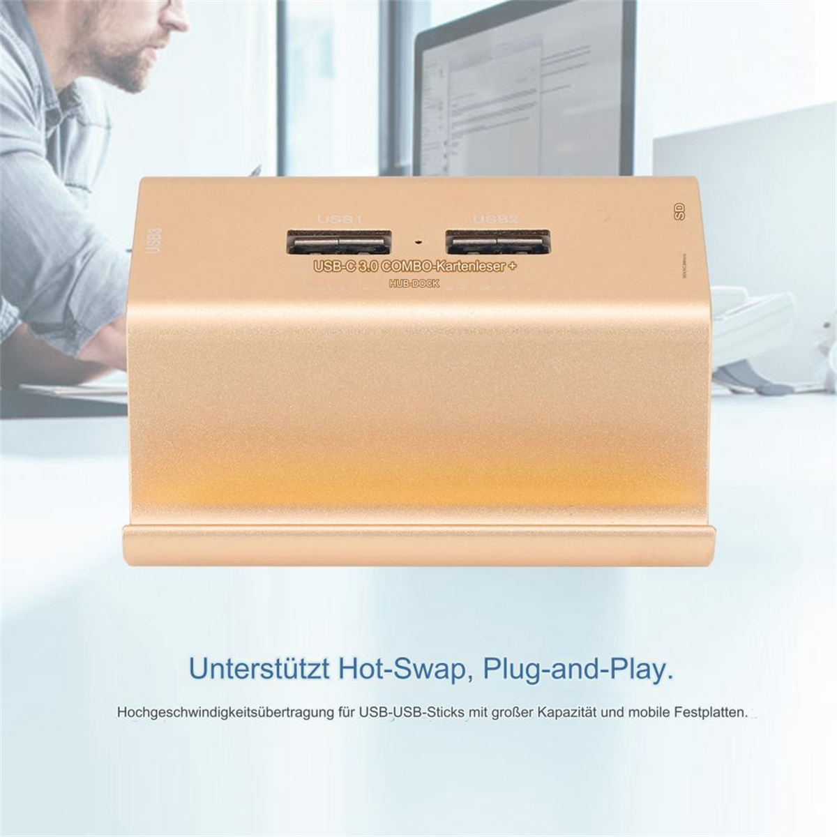 Goldener USB-Hub mit zwei USB-Anschlüssen. Der Text lautet 'USB-C 3.0 Combo Card Reader'. Unterstützt Hot-Swap, Plug & Play.
