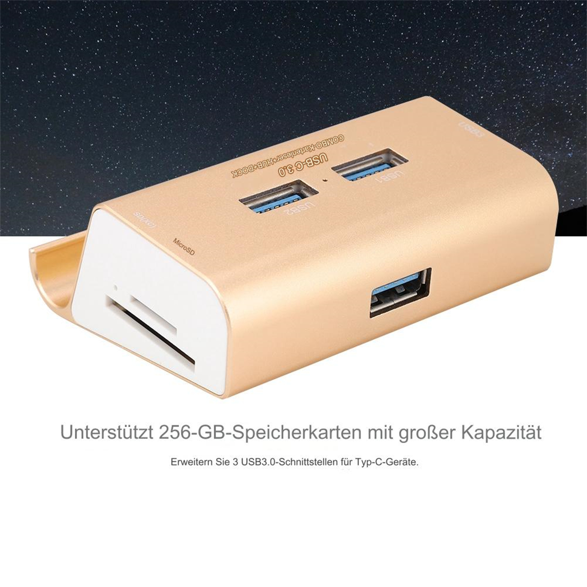 Goldener USB-Hub mit USB- und MicroSD-Steckplätzen. Text beschreibt USB 3.0 und 256GB-Karten.