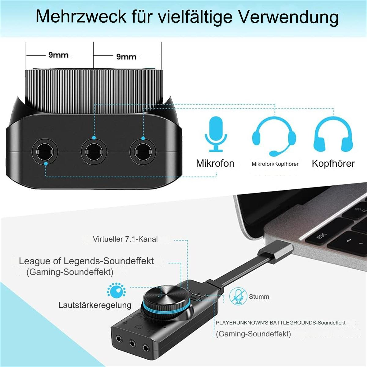 Schwarzer Audio-Adapter mit mehreren Anschlüssen und einem Lautstärkeregler. Text auf Deutsch.