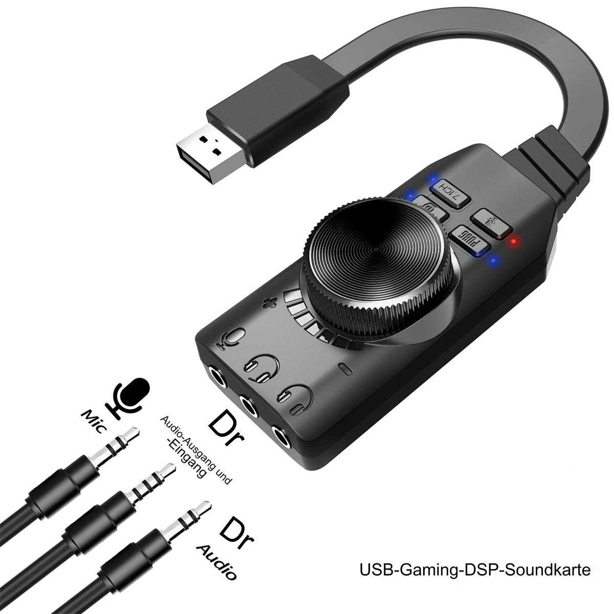 Schwarzes USB-Audio-Interface mit Mikrofon- und Audioeingangs-/ausgangsanschlüssen und Kabeln.