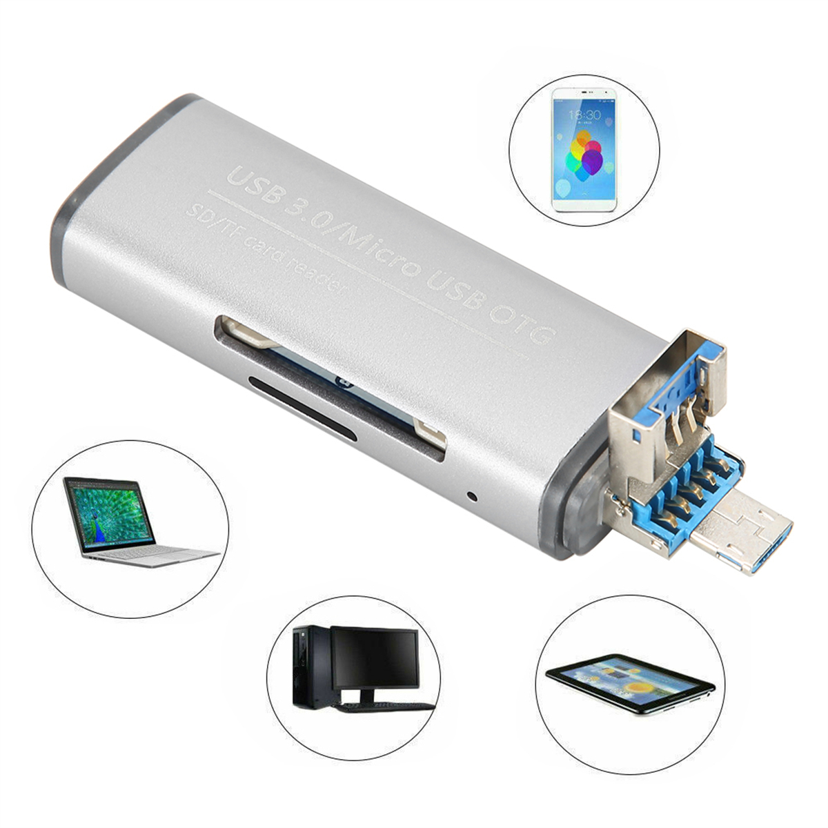 Ein silberner USB 3.0/Micro-USB-OTG-Adapter mit Handy-, Laptop- und Computerbildern.