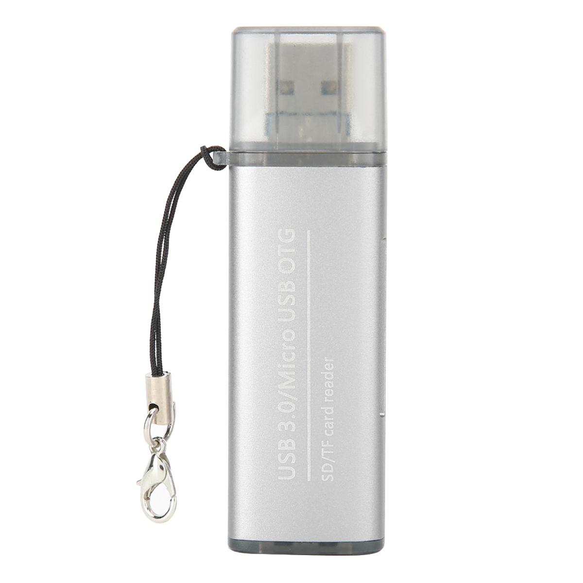 Silberner USB 3.0/Micro USB OTG Kartenleser. Hat eine Schlüsselringschlaufe und eine Schutzkappe.