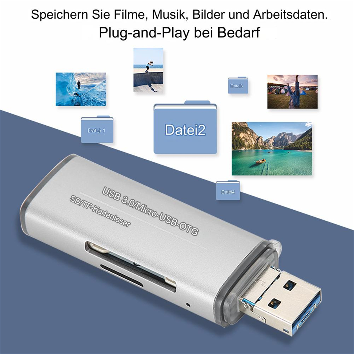 Silberner USB-Kartenleser mit SD/TF-Kartensteckplätzen, der Bilder von Dateien und Dokumenten anzeigt.