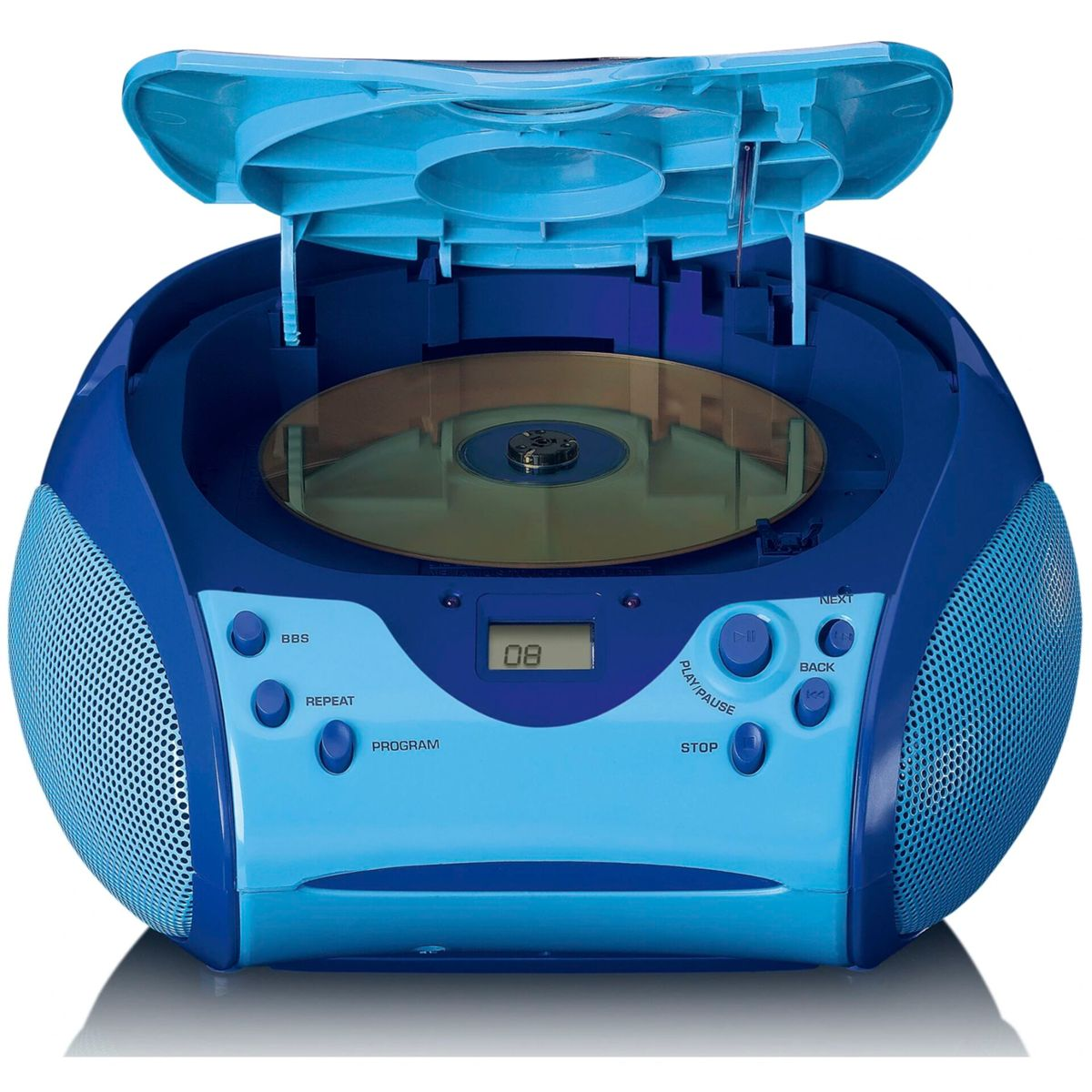 Blauer und hellblauer tragbarer CD-Player mit offenem Deckel, Display und Bedienelementen.