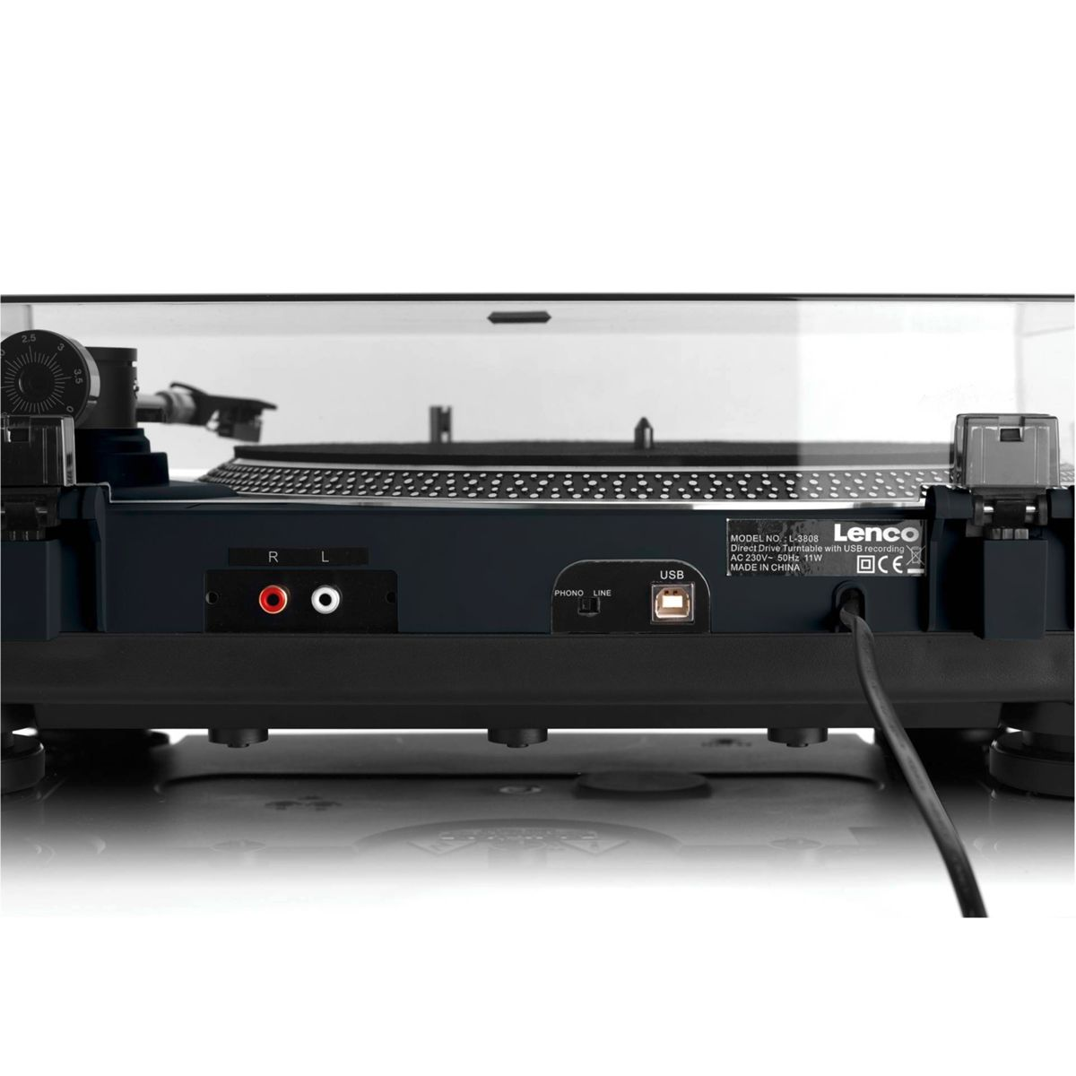 Tył czarnego gramofonu z portami RCA i USB, z przezroczystą pokrywą i czarną podstawą.