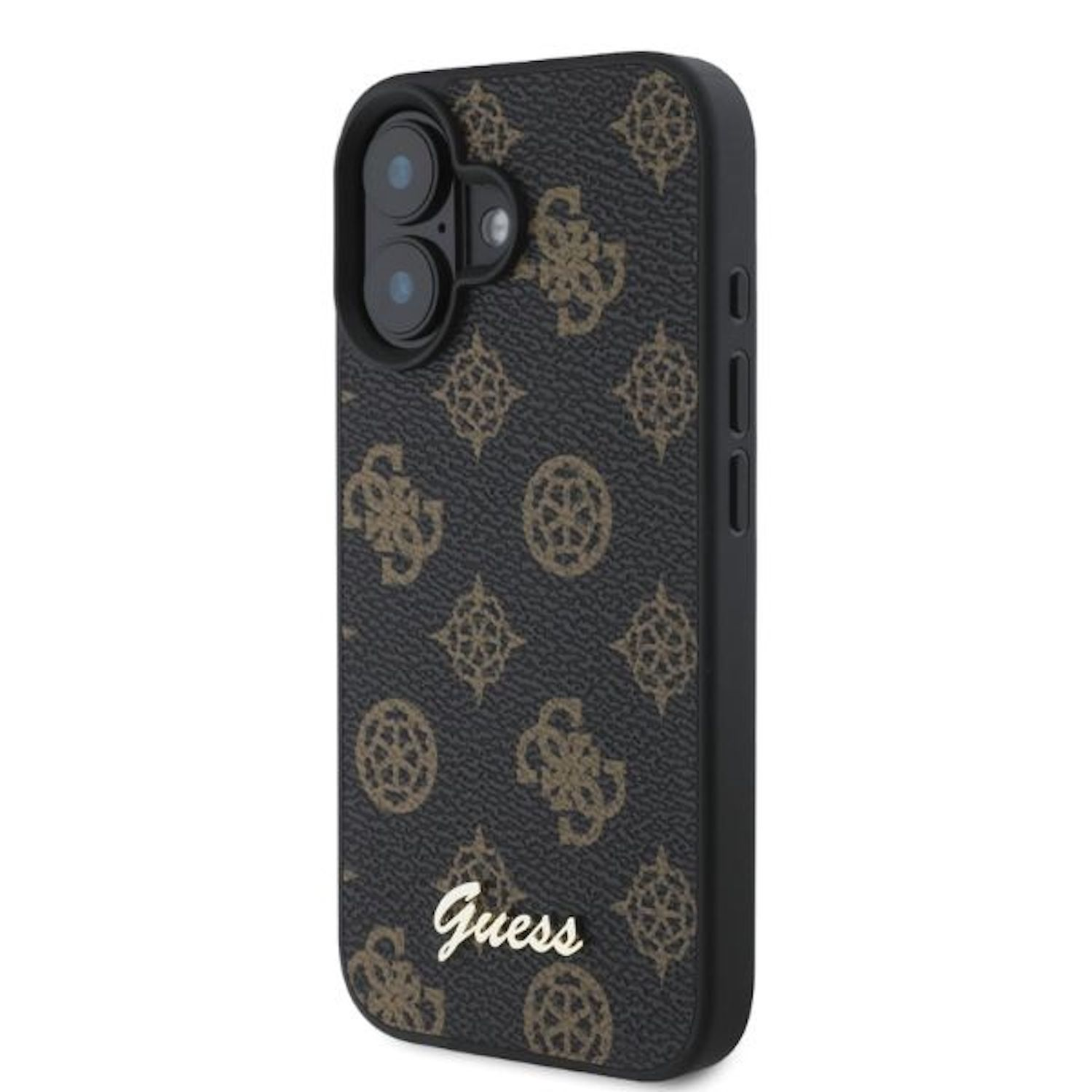 Una custodia per telefono Guess nera con un motivo marrone e logo.