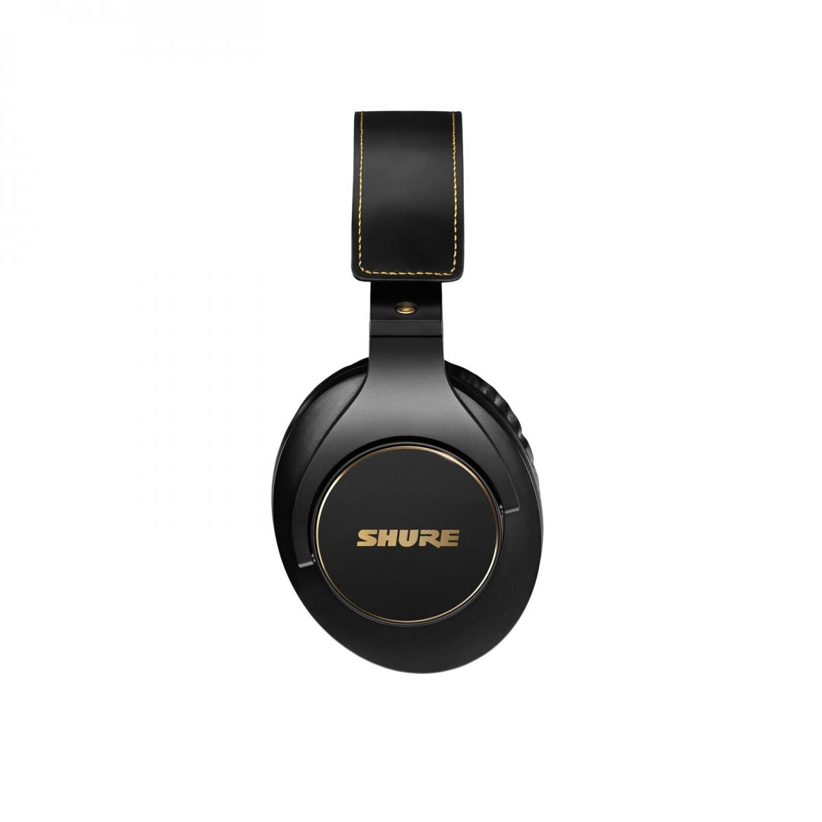 Czarne słuchawki nauszne ze złotymi akcentami i logo Shure.