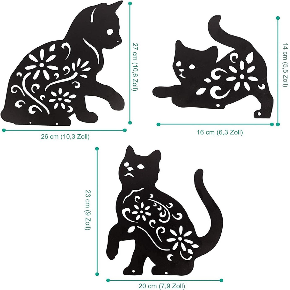 Drei schwarze Metall-Katzen-Ausschnitte mit Blumendesigns und unterschiedlichen Größen.