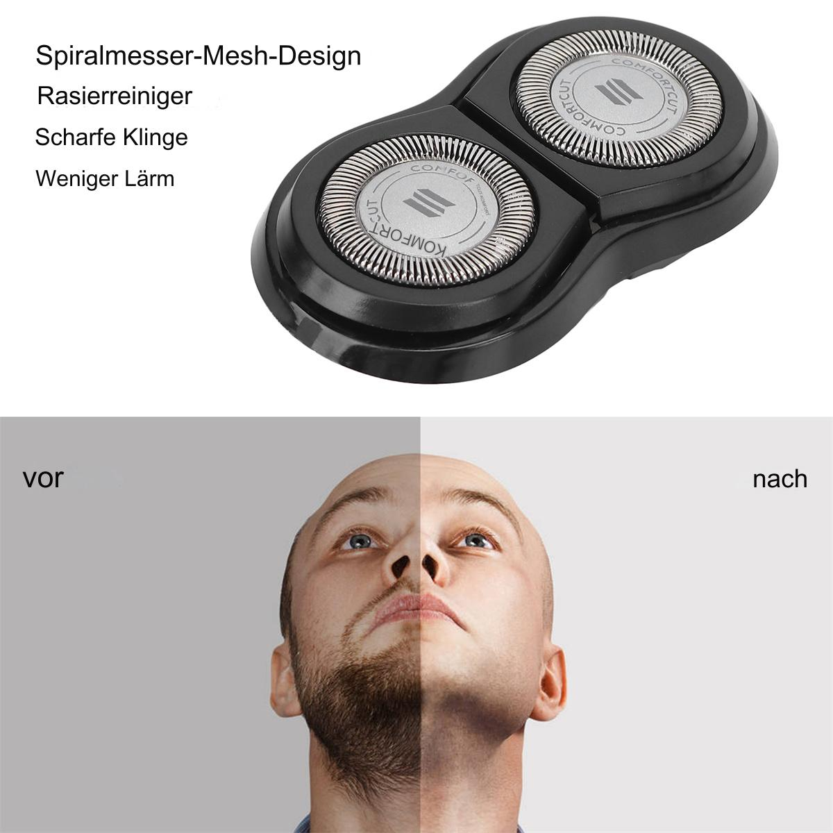 Rasierkopf mit zwei rotierenden Klingen. Darunter ein Vorher/Nachher-Bild eines rasierten Gesichts.