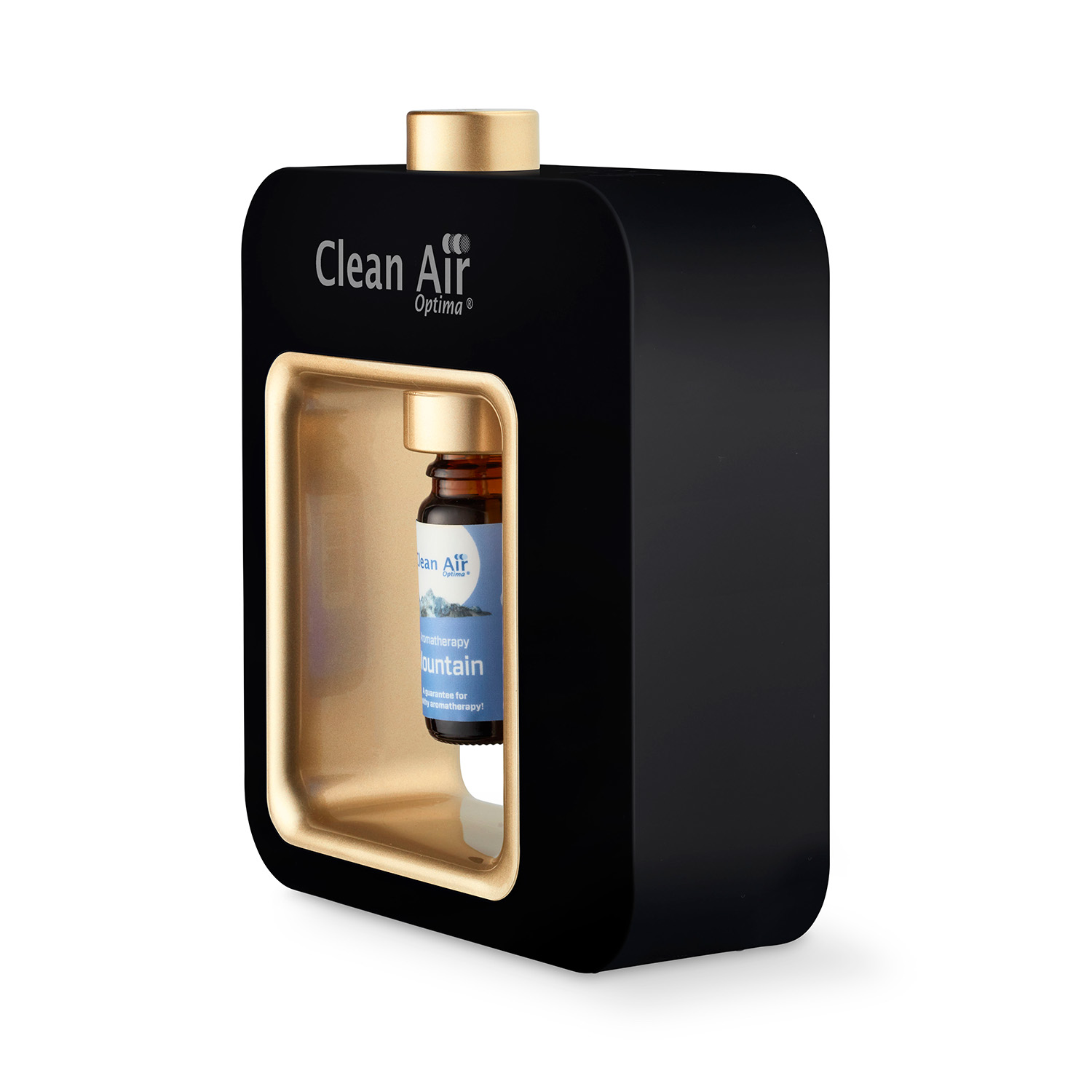 Black air purifier with a gold-colored interior. An aromatherapy bottle is inside. White background.