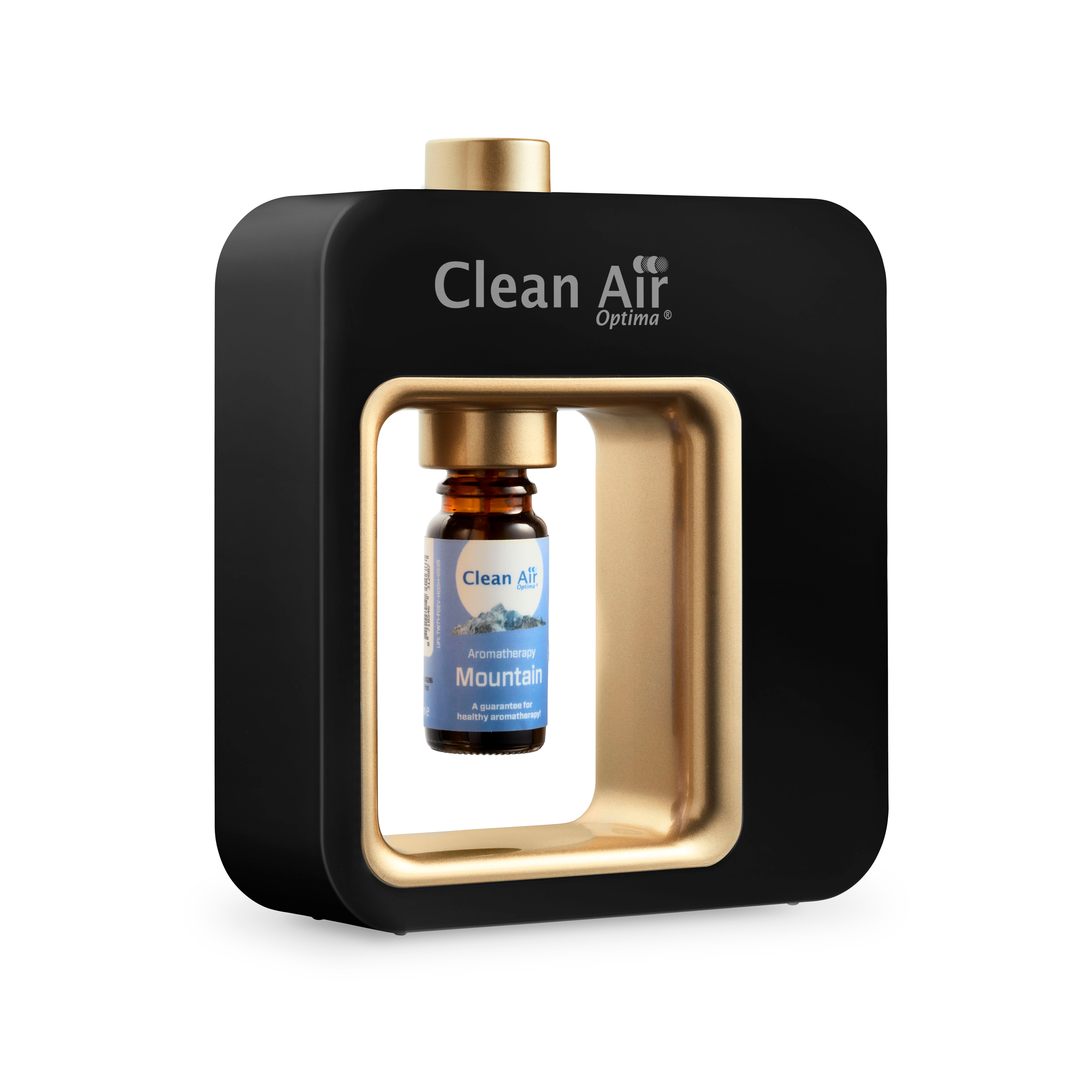 Black and gold aromatherapy diffuser with a small bottle inside, against a white background.