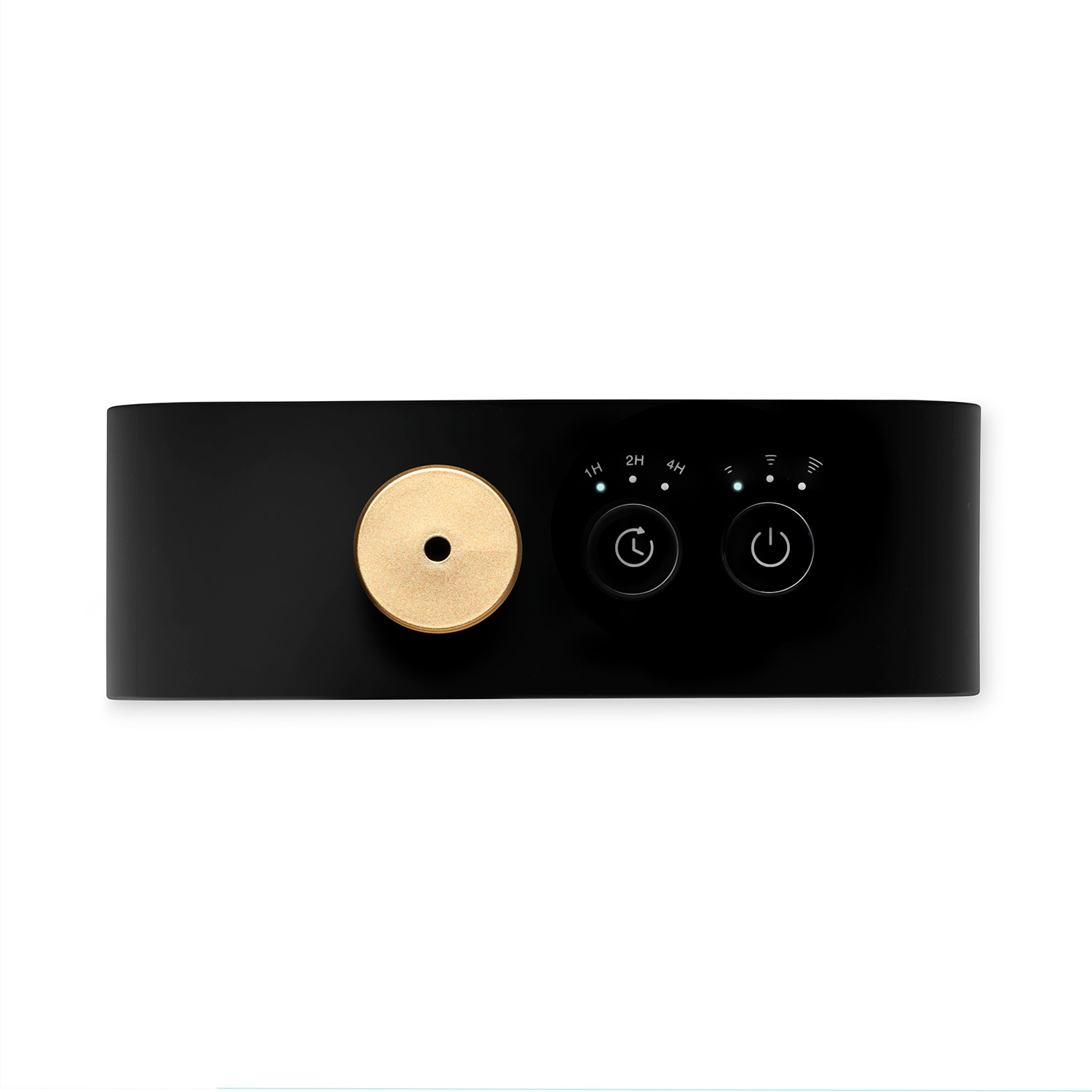A black box with a gold knob and buttons, on a white background.