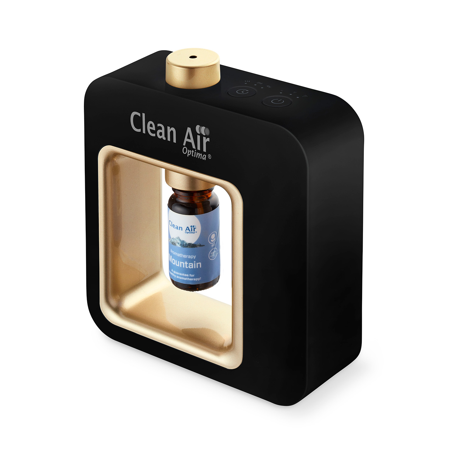 Black air freshener with gold accents, a glass bottle inside, and white background.