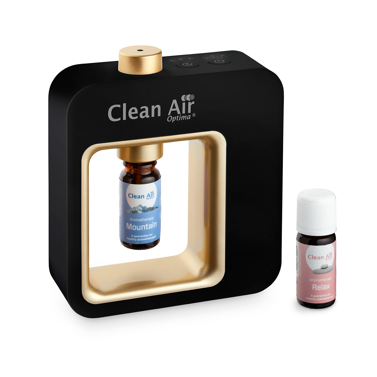 A black and gold air freshener with two bottles of liquid. One is in the device, the other beside.