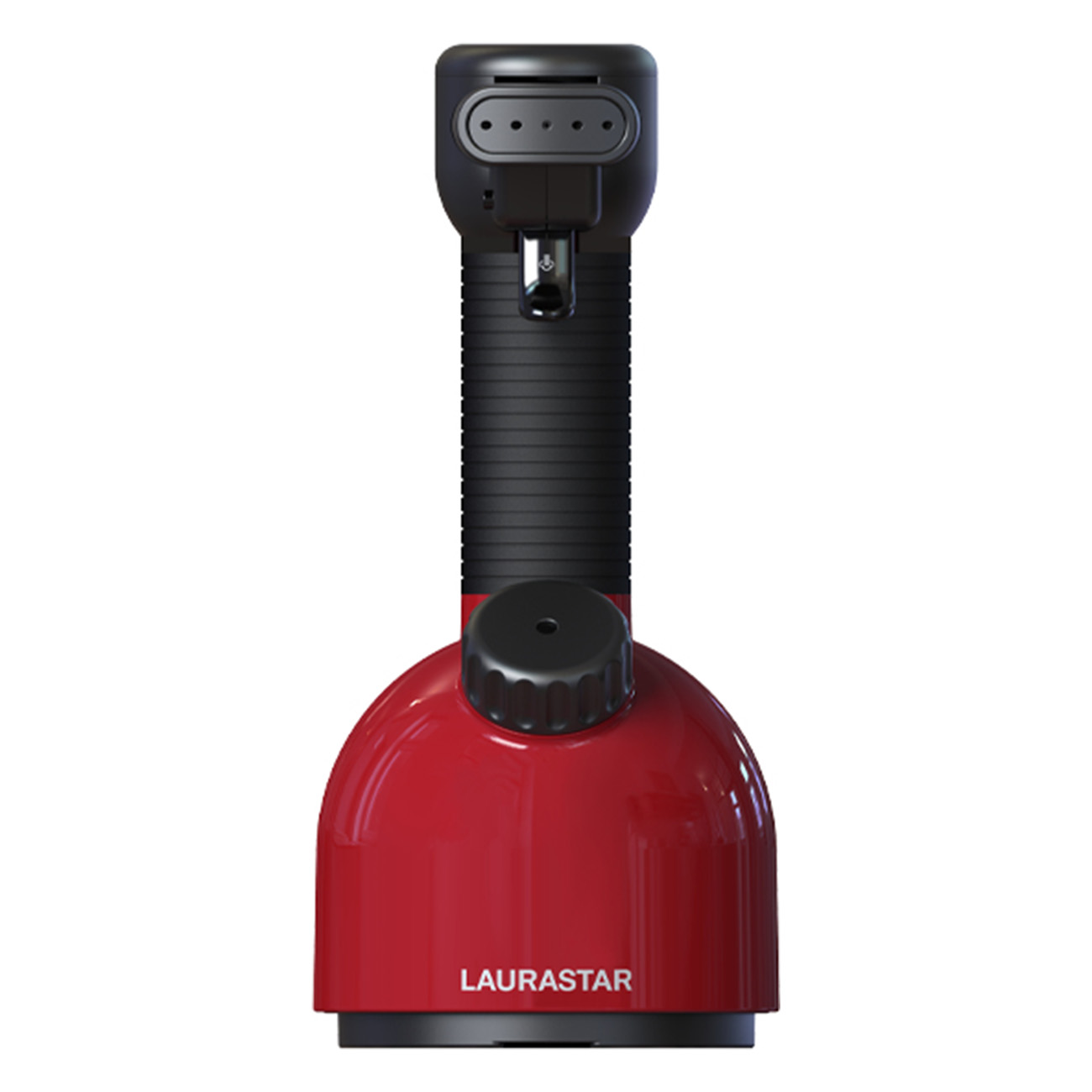 Rotes und schwarzes Laurastar Dampfbügeleisen. Schwarzer Griff und Oberseite. Weißer Text: LAURASTAR.