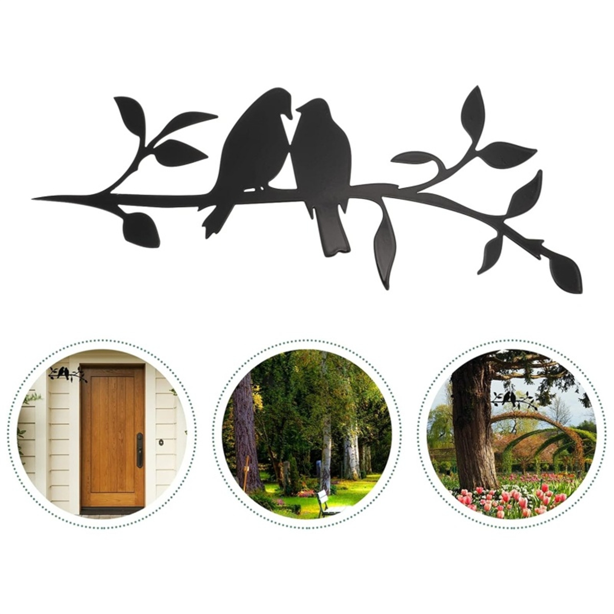 Metall-Vogel-Silhouette auf einem Ast. Drei Szenen mit Holztür, Bäumen und Blumen.