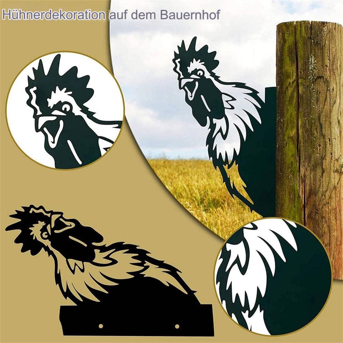 Metall-Hahn-Ausschnitte auf einer Bauernhofszene mit einem Holzpfosten.
