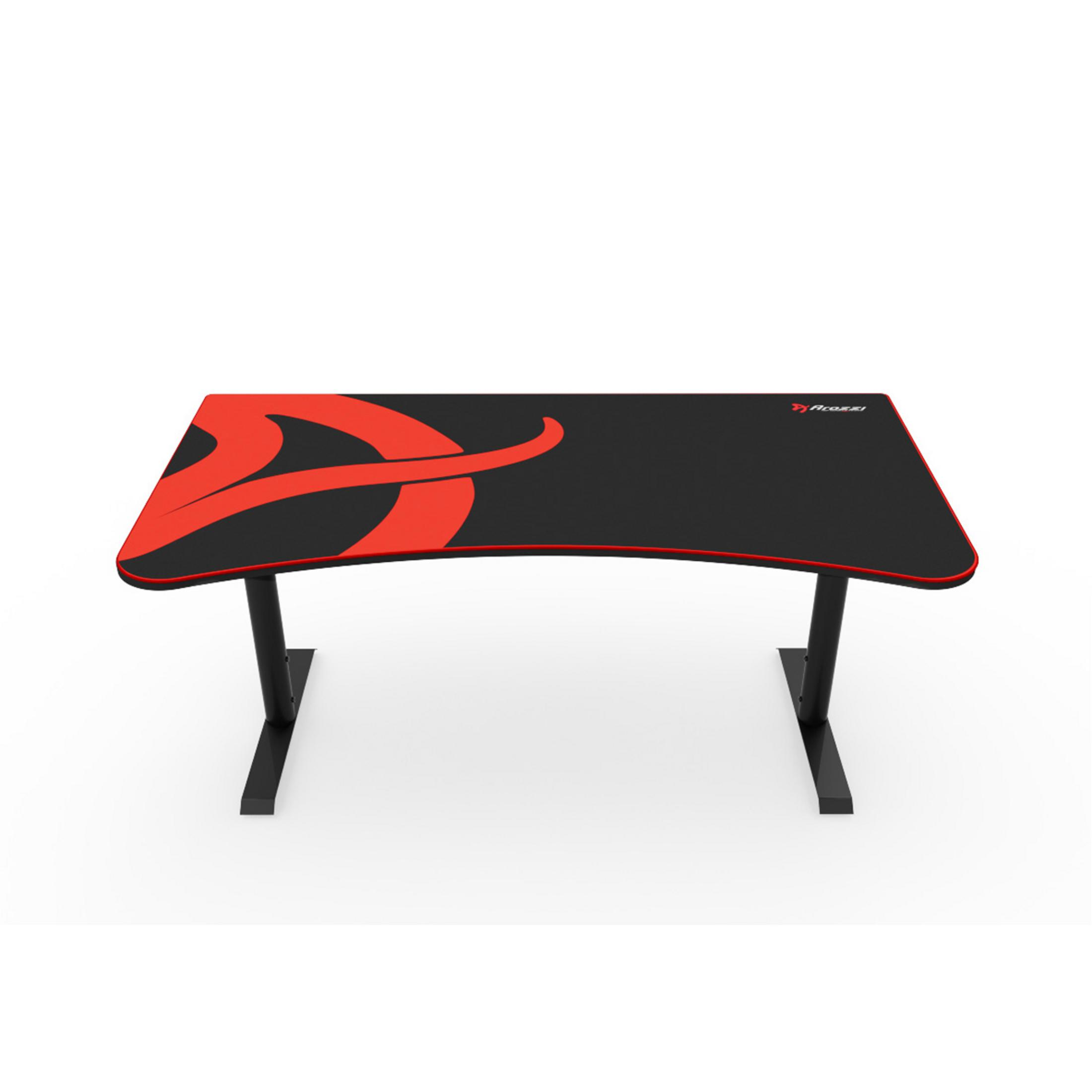 Schwarzer Schreibtisch mit rotem Design und schwarzen Beinen. Weißer Hintergrund.